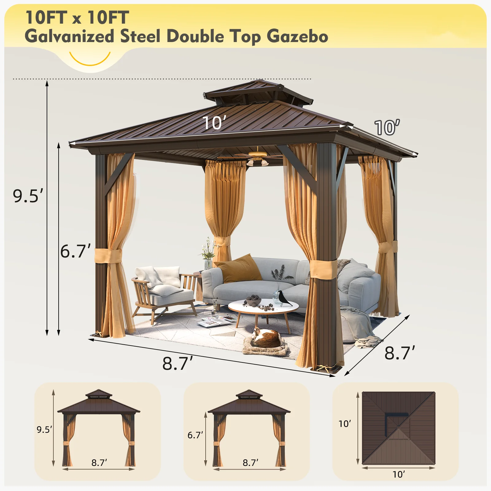 Hommow 10' X 12' Hardtop Gazebo Aluminum Frame Gazebo with Galvanized Steel Double Roof