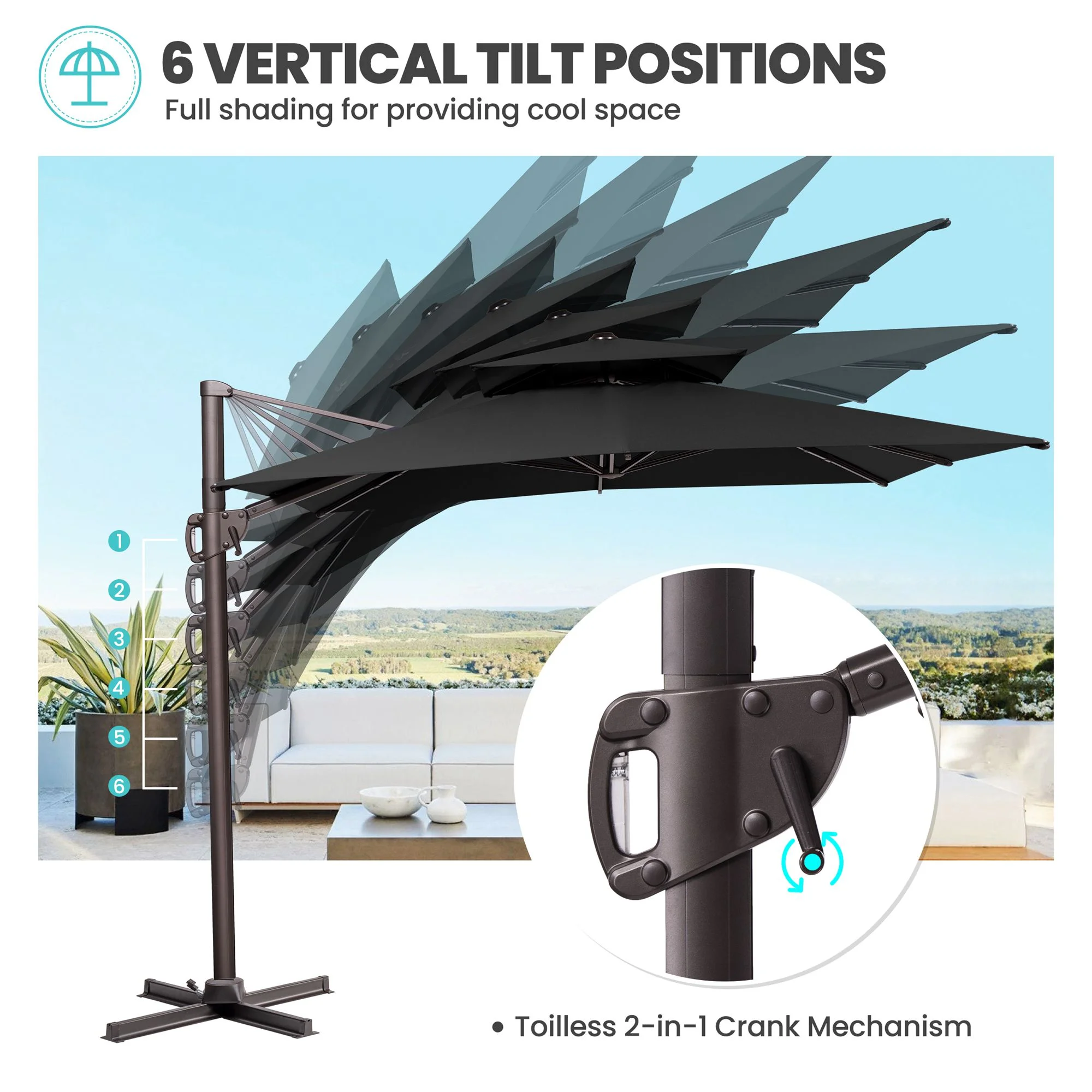 Pellebant 11 ft. x 9 ft. Rectangular Double Top Patio Cantilever Umbrella, Black