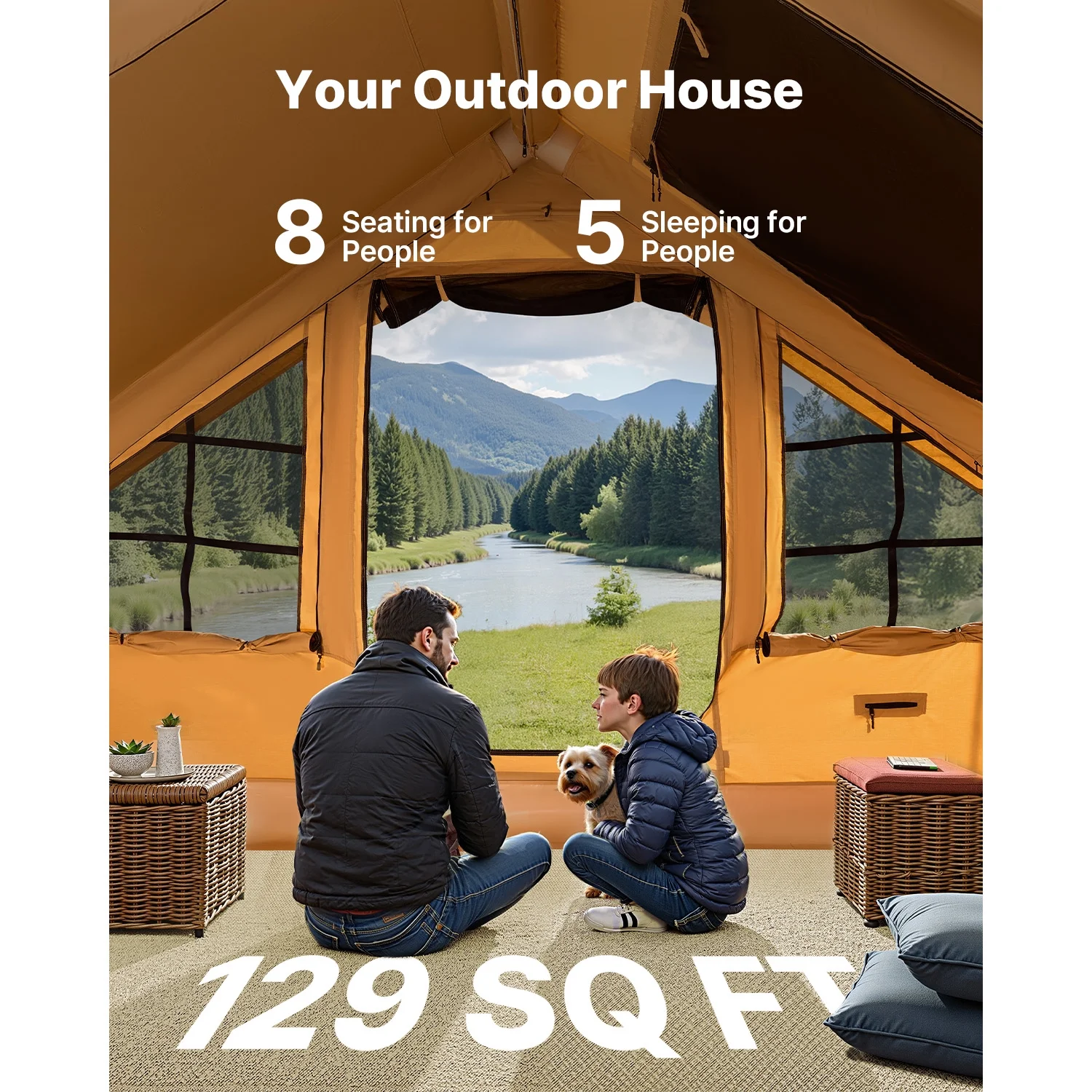 KFFKFF Inflatable Tent for Camping, 13.12 x 9.84 x 7.22 Ft Glamping Blow up Tent for 5-8 People, Air-Filled Camping Shelters, Outdoor Living Tent with Dual Sunroofs, Stove Jack