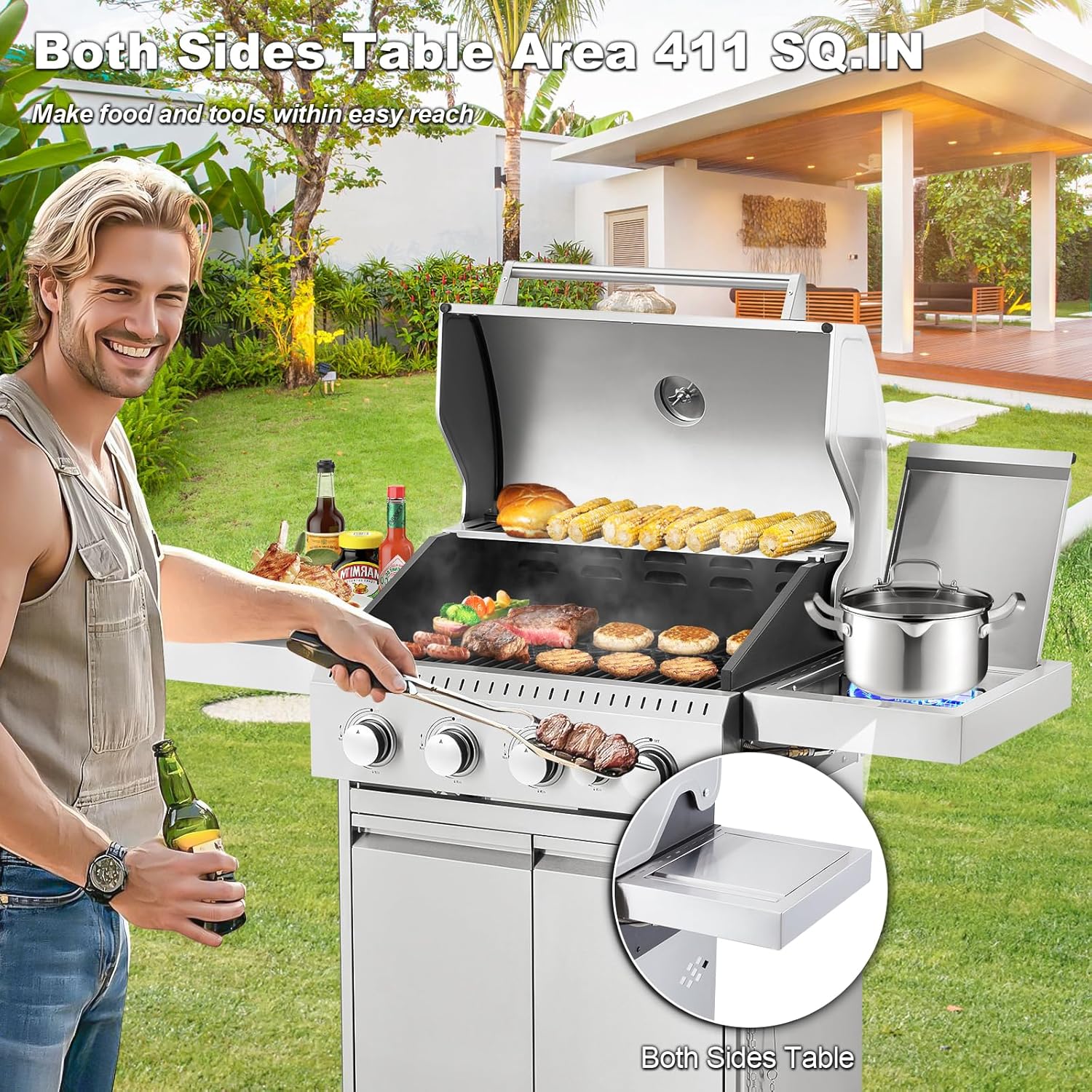 Upgraded 4 Burner BBQ Propane Gas Grill with Cast Iron Grates & Side Stove, 44,000 BTU Stainless Steel Burner Barbecue Grill for Patio, Camping, Outdoor Cooking.