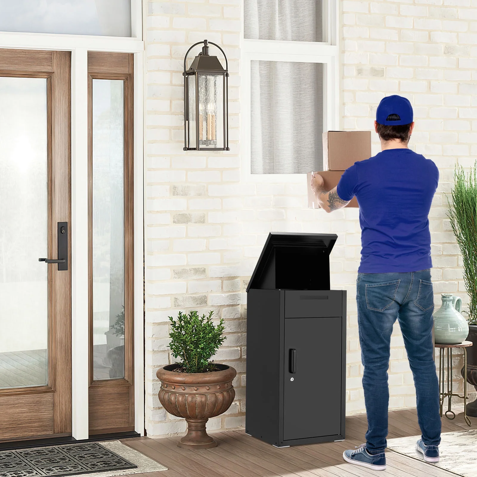 AECOJOY Package Delivery Boxes for Outside Parcel Drop Box Outdoor Storage Box Wall Mounted Express Mail Package Delivery Box 17″ x 16″ x 38.3″ Black