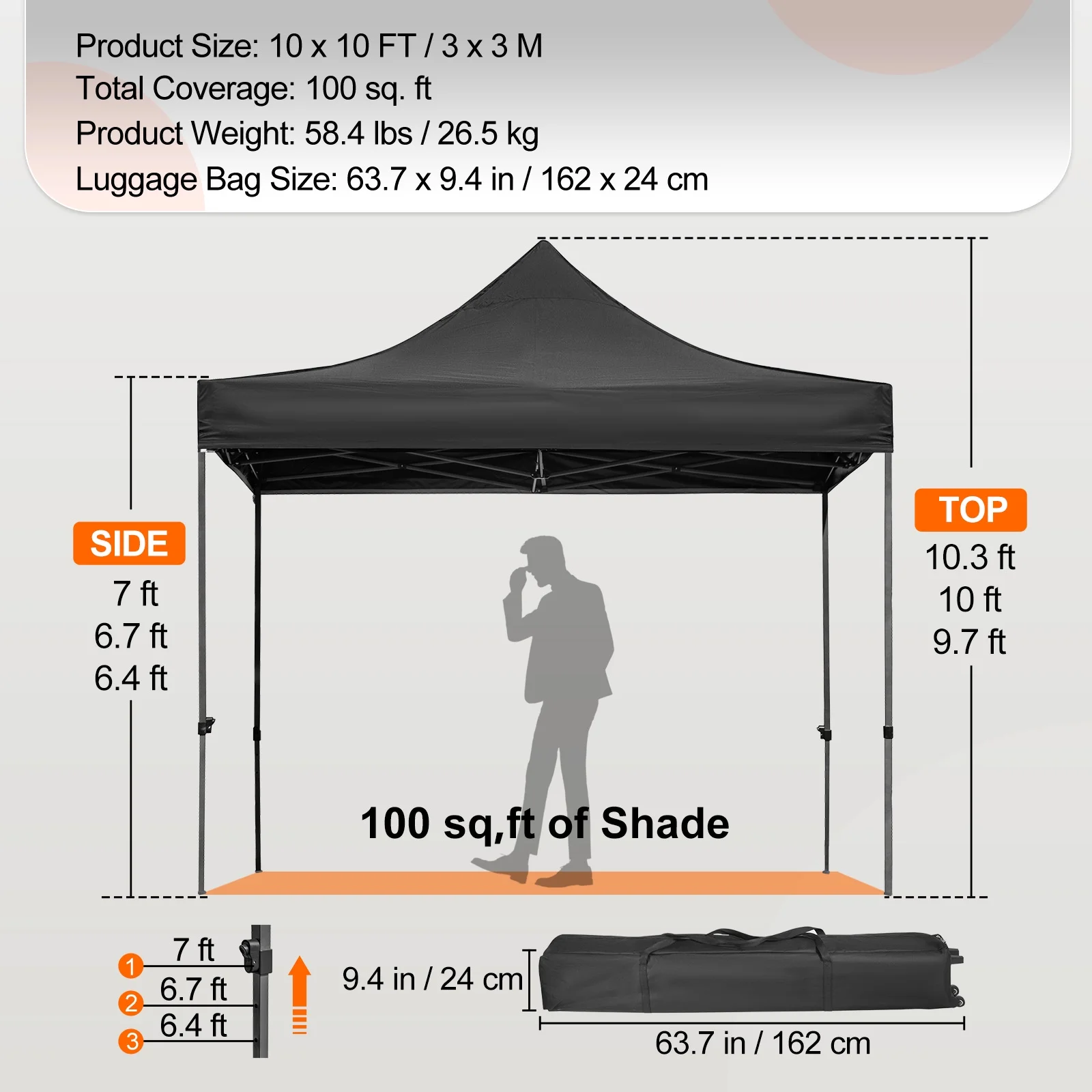 BENTISM 10' x 10' Instant Pop Up Gazebo Tent, Adjustable Height with UV Resistant