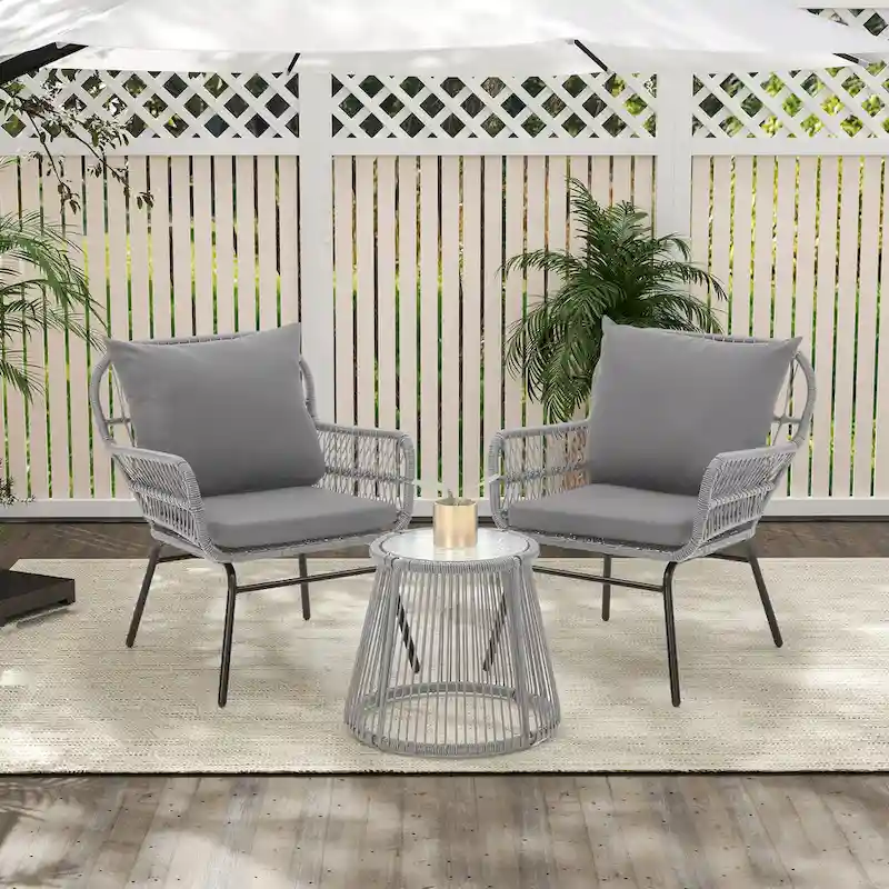 3-Piece Patio Conversation Bistro Set, Outdoor Rattan Furniture Set with Glass Table & 2 Wide Armchairs, Seat Cushions