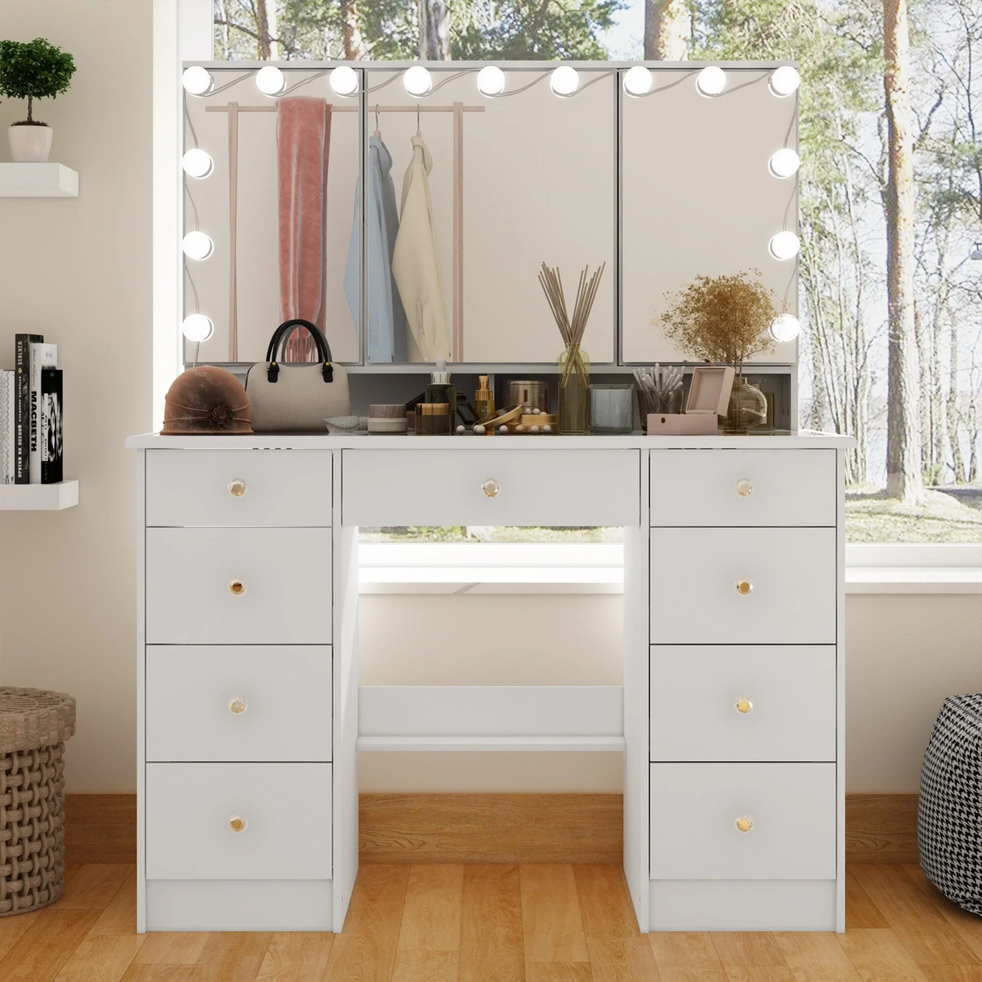 Makeup Vanity w/Tri-Fold Mirror Certified Lighting Glass Top Dresser