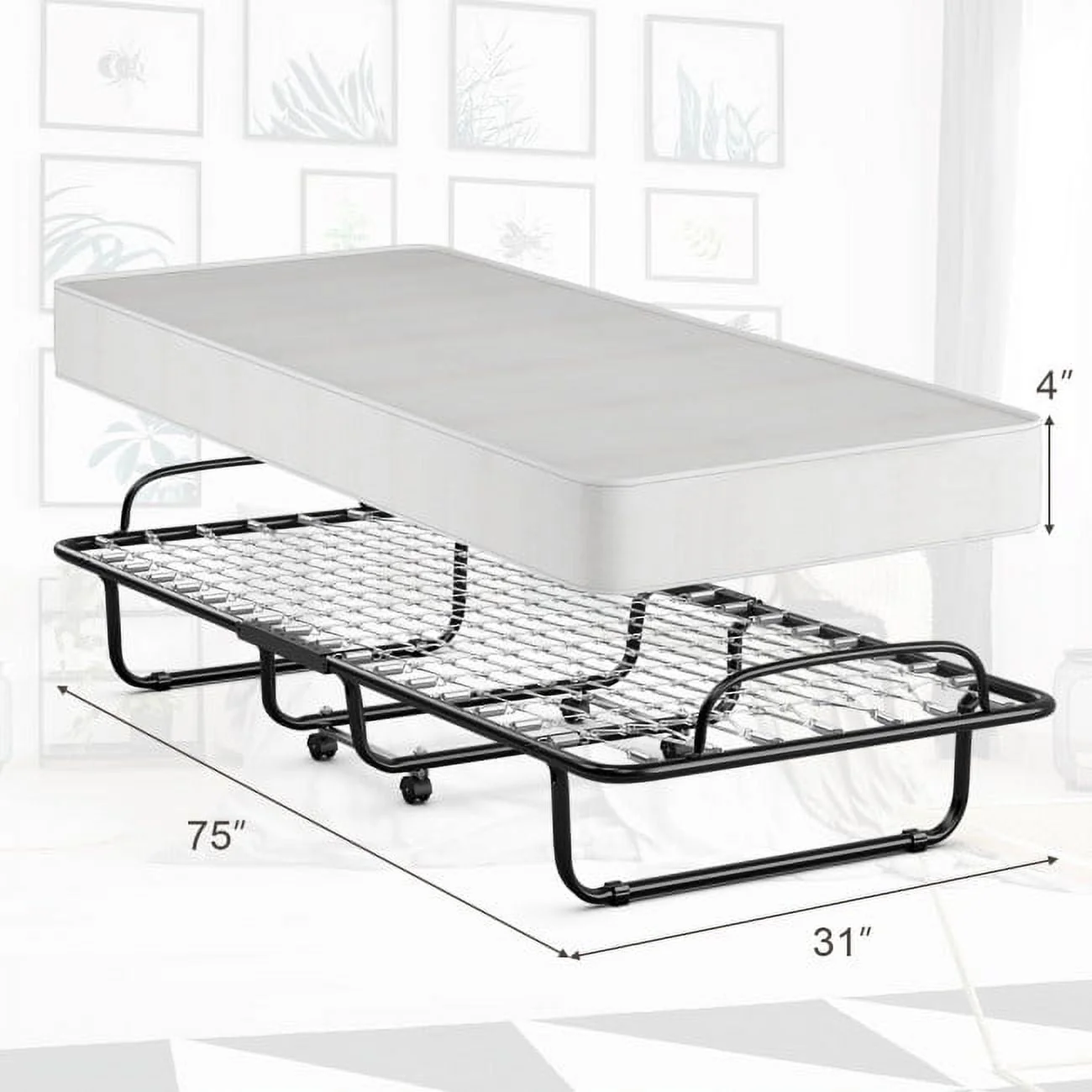 75" x 31" x 13" Folding Bed with Mattress, Rollaway Bed Metal Frame on Wheels, Portable Foldable Guest Bed for Adults, Cot Size Fold up Bed with Memory Foam Mattress