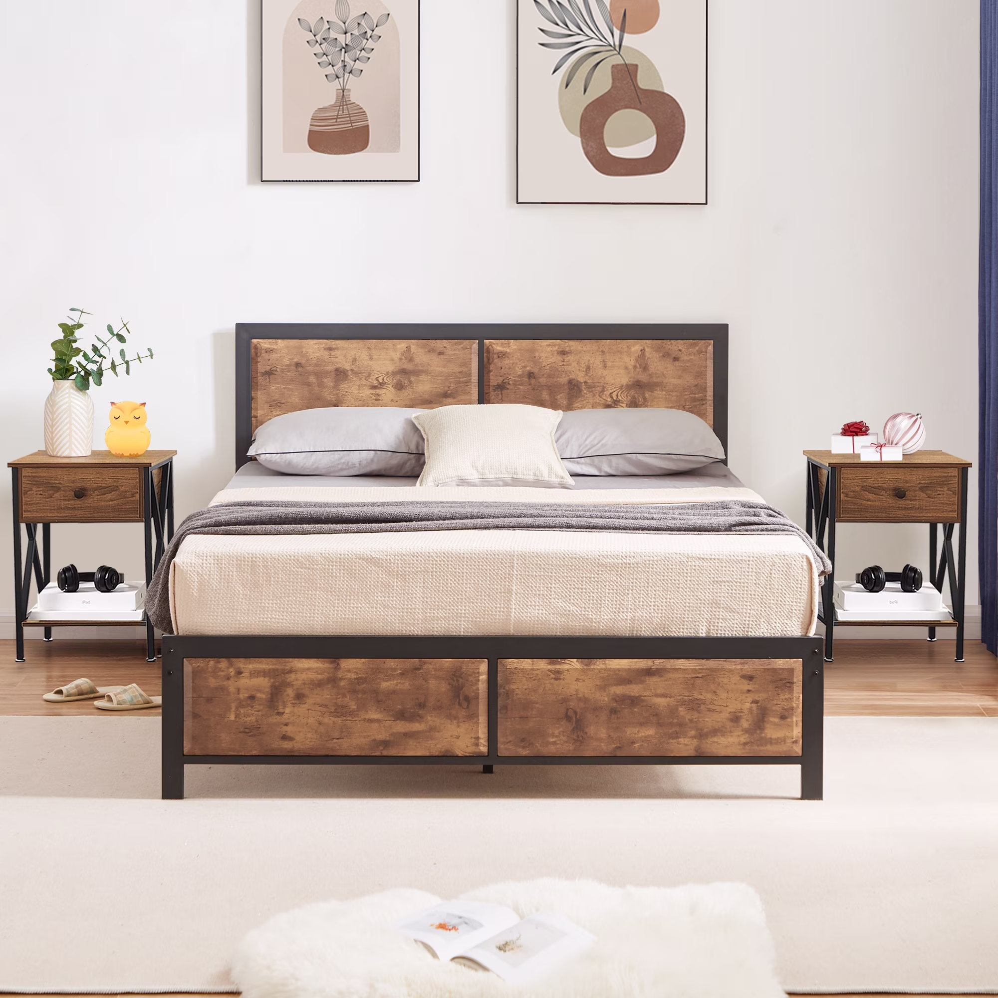 VECELO 3 - Piece Bedroom Set with Twin Size Bed Frame and 1 - Drawer Black Nightstands