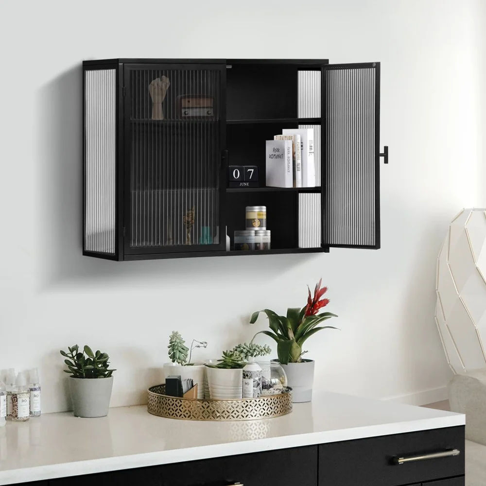 Hassch Wall Mounted Kitchen Pantry Sideboard with 2 Glass Doors, Metal Storage Cabinet Dining Cupboard for Bathroom Kitchen Living Room Dining Room, 27.56"L x 9.06"W x 23.62"H, White