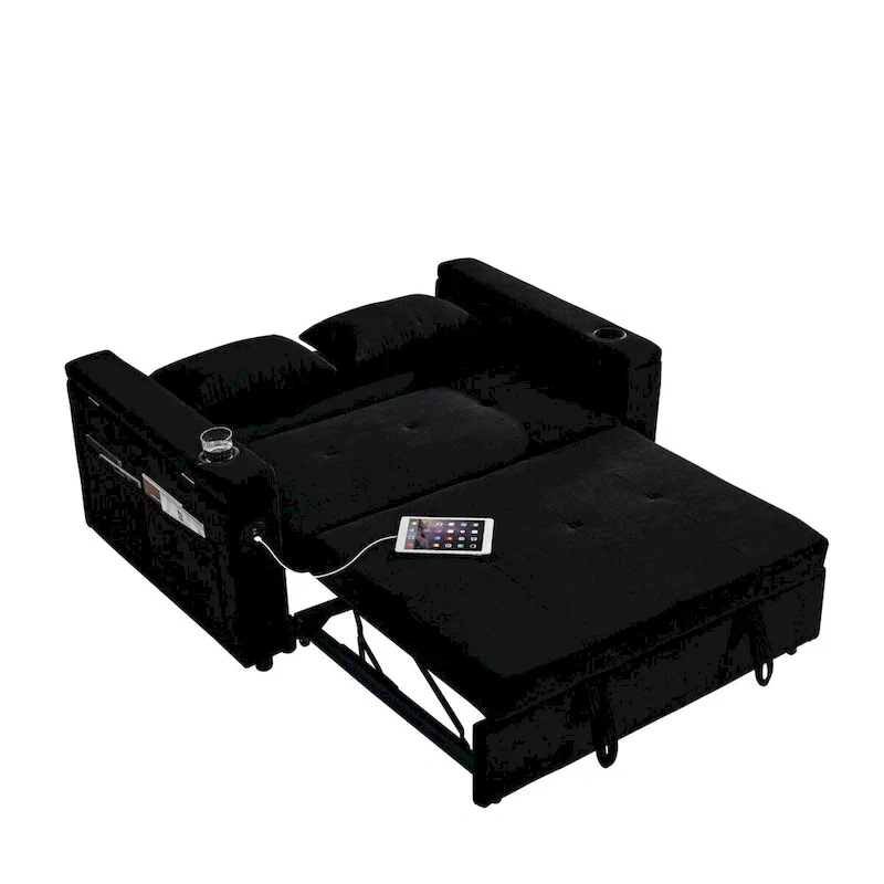 54 Pull-Out Sleeper Sofa Bed, 2 Seat Recliner Sofa Bed with Storage, Lumbar Pillow, USB Power Outlet