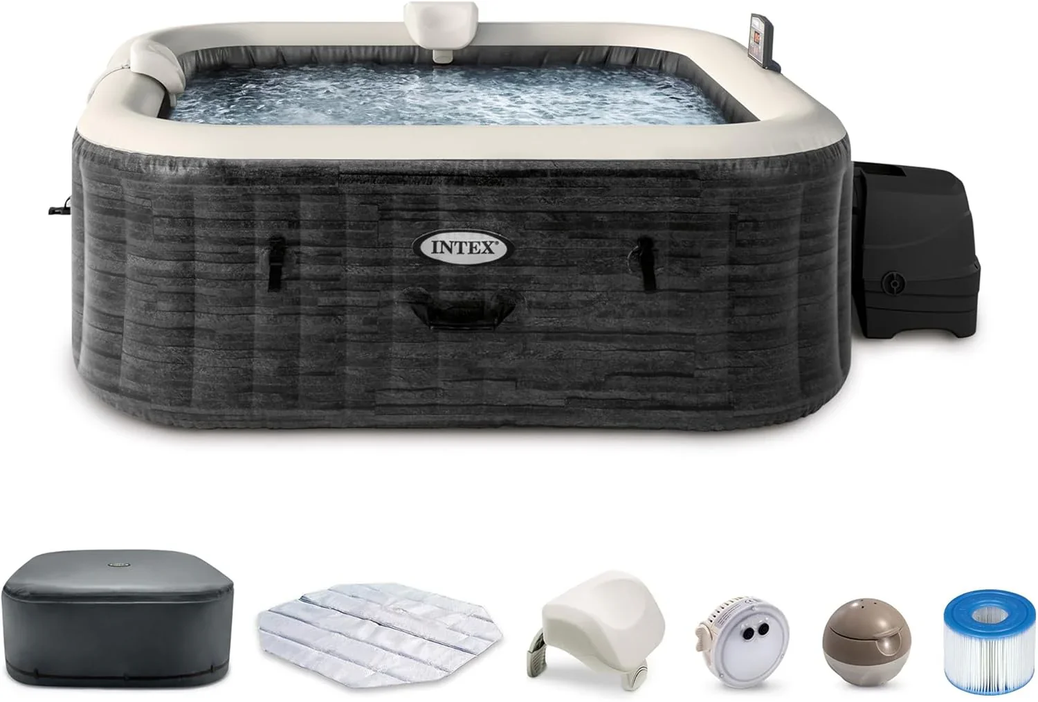 INTEX PureSpa Greystone Deluxe 4 Person Square Inflatable Hot Tub, Bubble Massage Spa