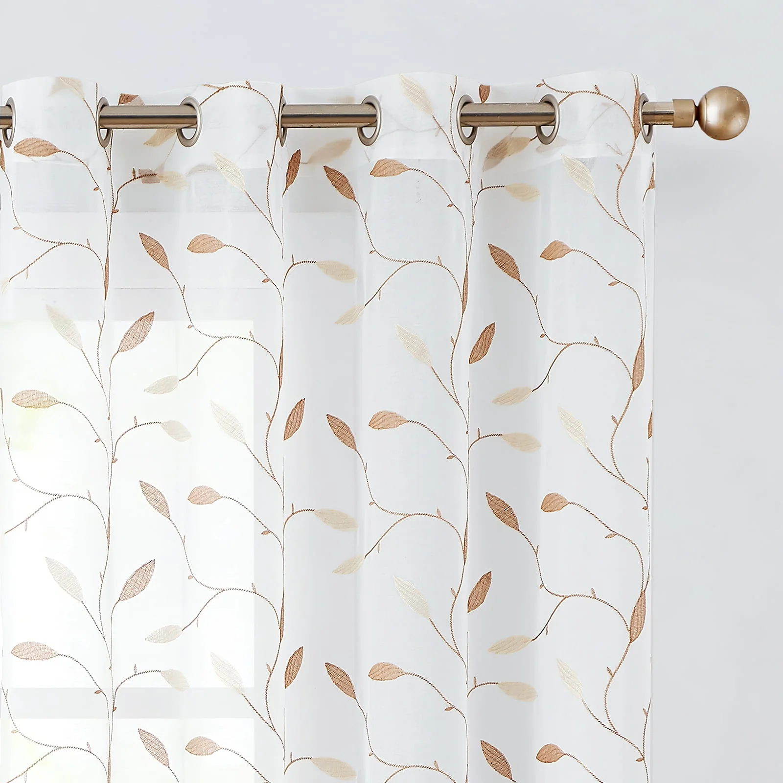 Curtainking Farmhouse Leaf Embroidery Grommet Sheer Curtains, 58″ x 84″ (2 Panels)