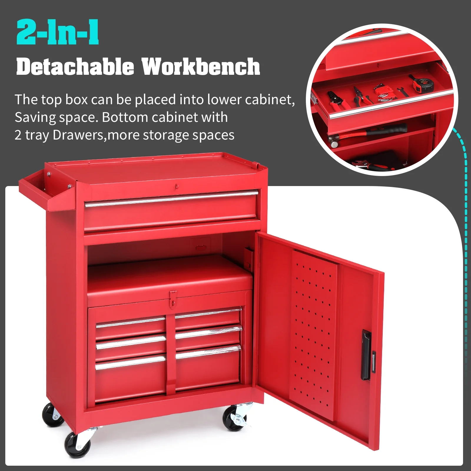 Ktaxon 4-Drawer 2-IN-1 Rolling Tool Chest Storage Cabinet, Mechanic Tool Organizer Box, 23.2" L x 11" W x 40.2" H, Black