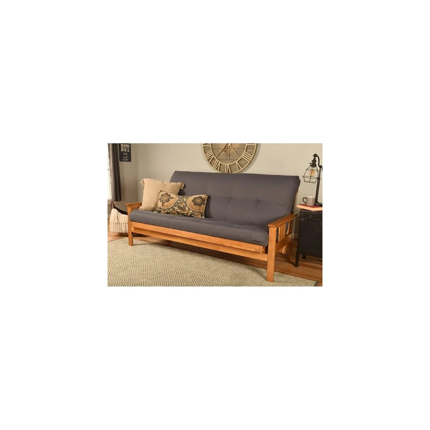 Homestock African Artifacts Full Size Futon Frame Set with Mattress, Easily Converts to Bed, Versatile Design Futon Frame for All Spaces, 33"H x 79"L x 37"D-Color:Linen Charcoal,Size:Barbados