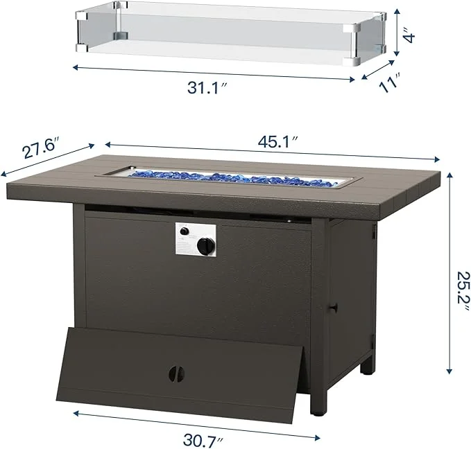 ALAULM 43" x 27.6" Propane Gas Fire Pit Table with Adjustable Flame