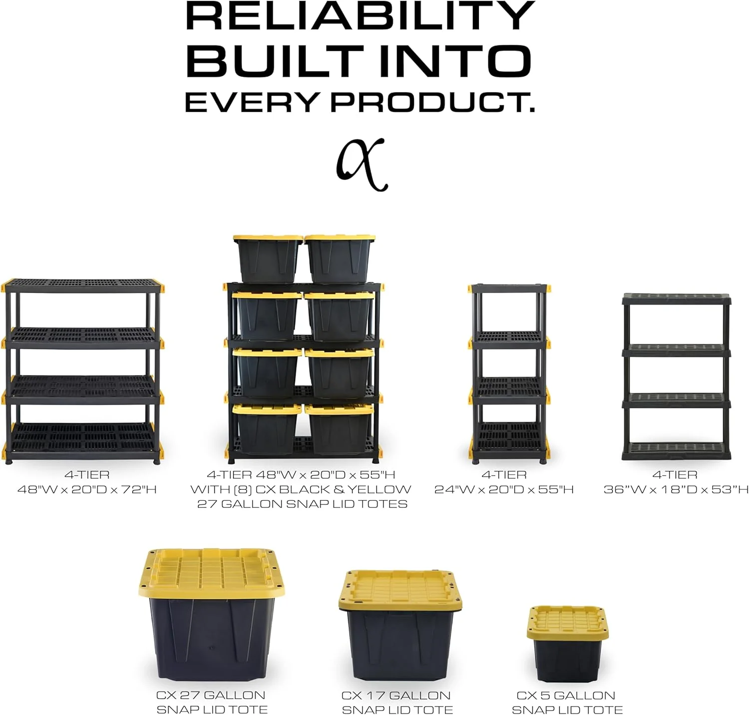 Black & Yellow, 5-Tier Heavy Duty Plastic Storage Shelving Unit, 200lbs/shelf (72H x 48W x 20D), for Indoor/Outdoor Organization, Modular Rack
