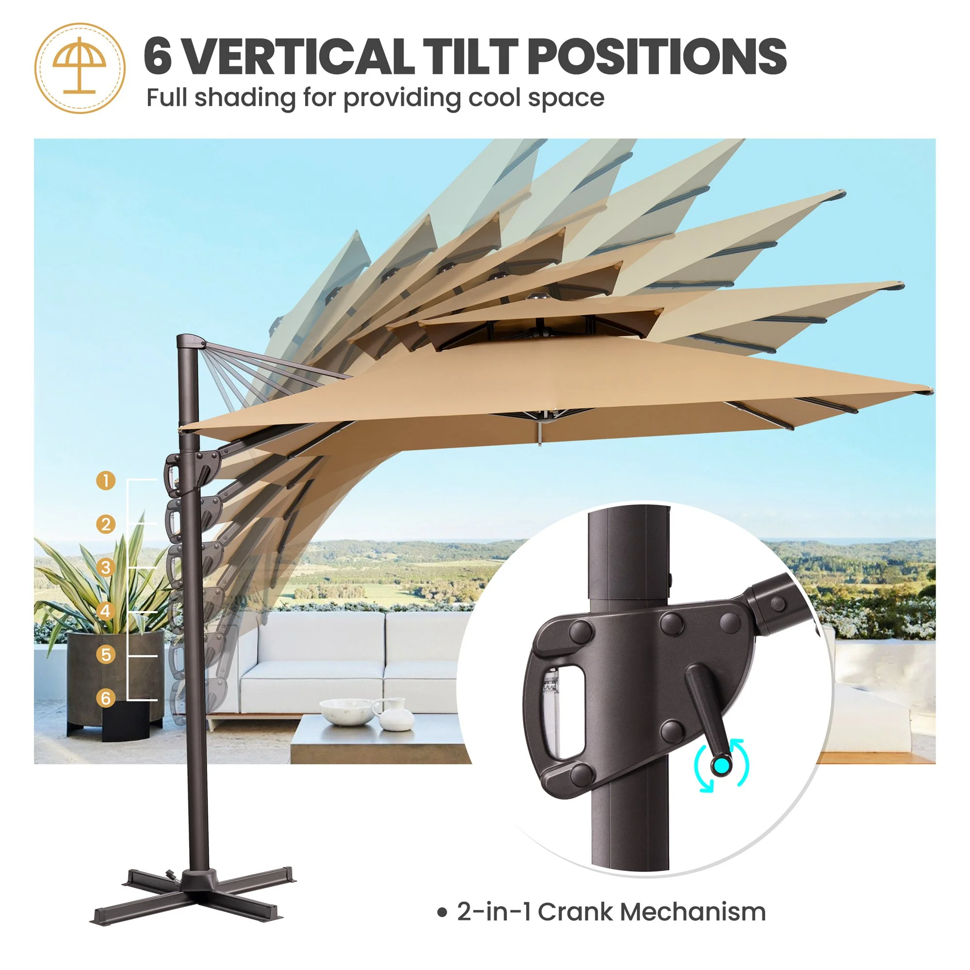 Pellebant 11 ft. x 9 ft. Rectangular Double Top Patio Cantilever Umbrella, Black