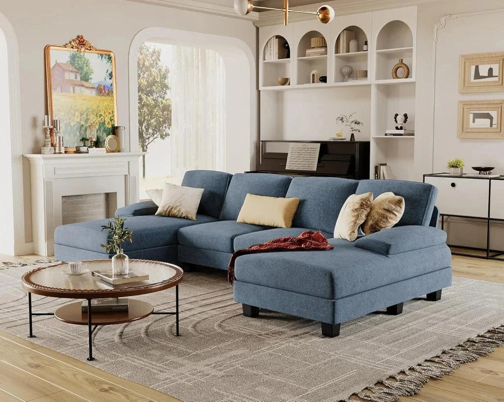 Furmax Sectional Couches for Living Room, U-Shaped Sofa Couch with Linen Fabric, 4 Seat Sofa Set with Double Chaise for Apartment (Fabric, Grey)