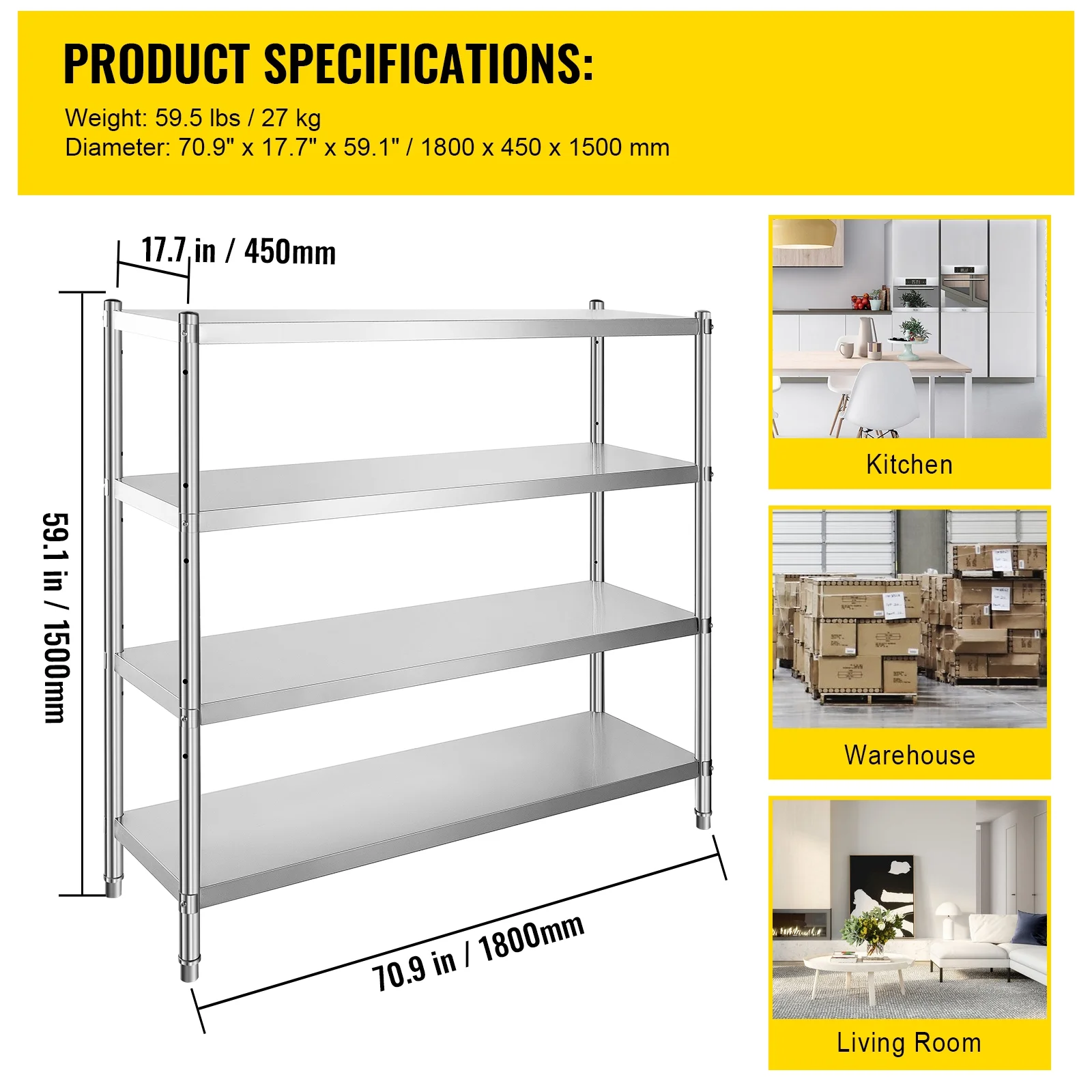 KFFKFF Storage Rack, Quad-Level Metal Shelves, Organizational Shelf Unit, Dimensions 70.9 x 17.7 x 59.1 Inches, Robust Storage Rack Shelving, Total Load Capacity 1320 Lbs, Height Modifiable