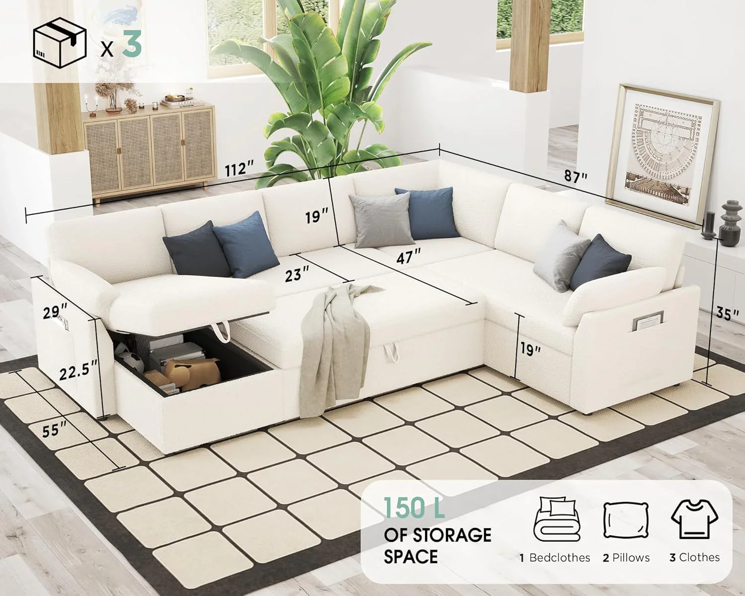 VanAcc Sofa Bed, Sleeper Sofa with Storage Chaise 2 in 1 Pull Out Couch Living Room
