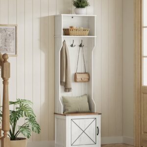 Farmhouse-Inspired Entryway Organizer, Triple Hooks & Built-In Shoe Bench, Hall Tree Entryway Bench for Mudroom & Foyer, Space-Saving Coat Rack with Storage Cabinet, Rustic White and Honey Brown