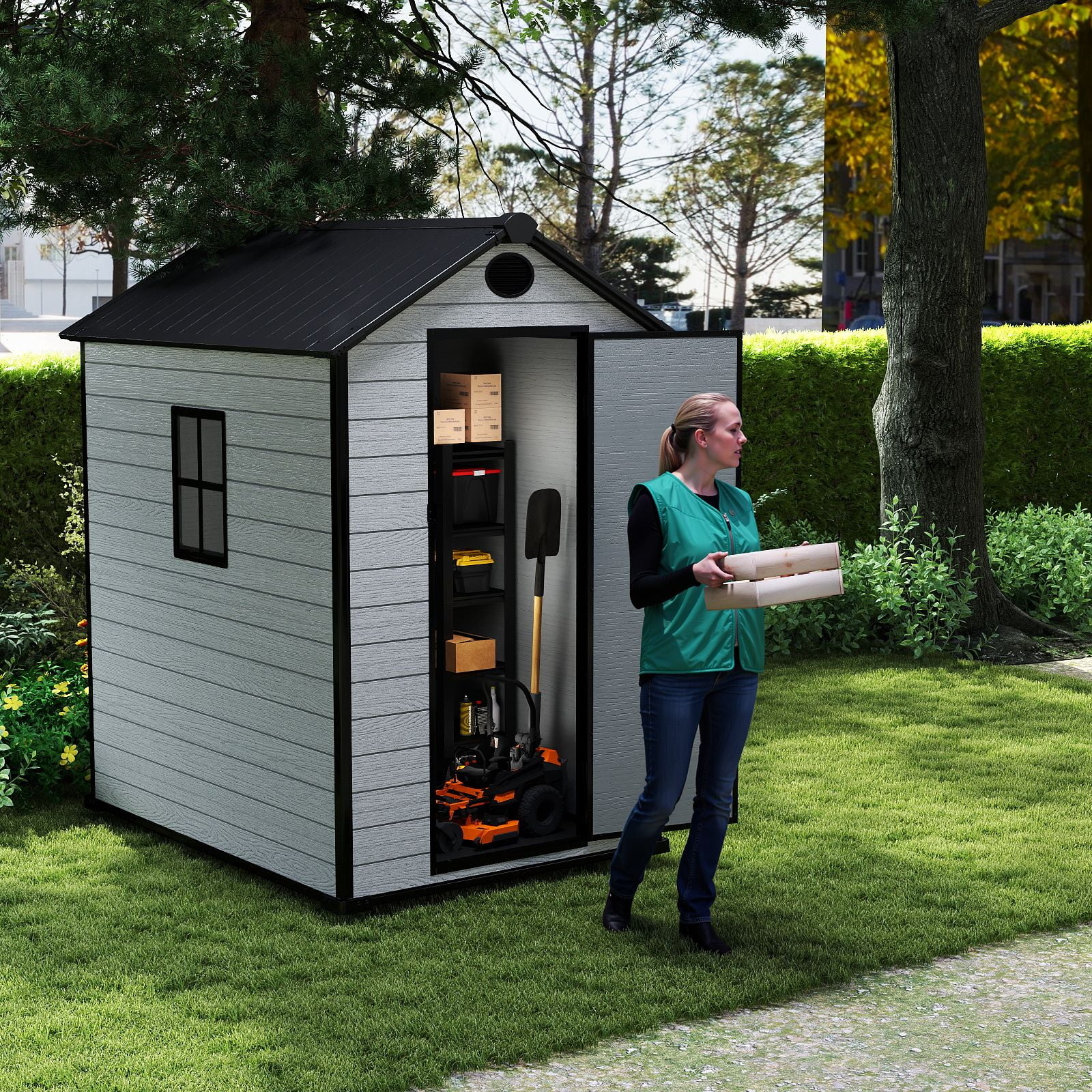 ZYJOYY 4'x 6' Resin Outdoor Garden Tool Storage Shed w/ Window, Grey