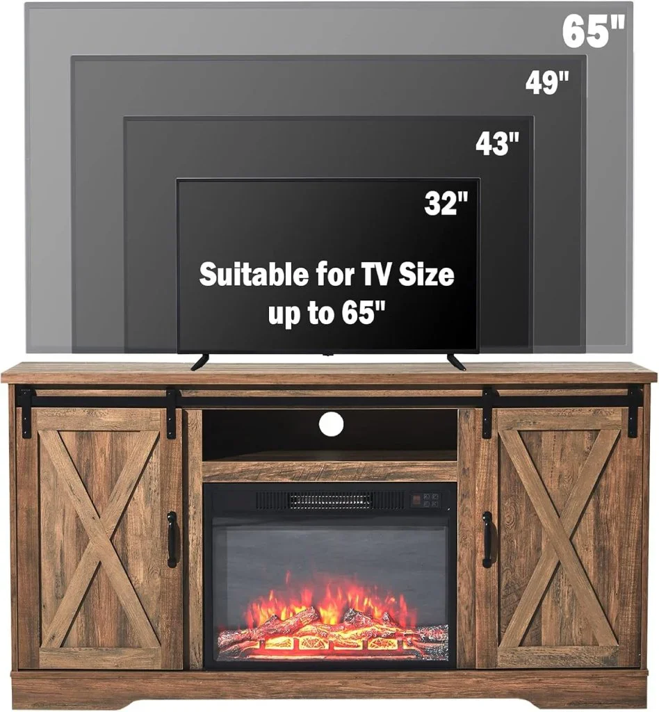 AMERLIFE Fireplace TV Stand with Sliding Barn Door for TVs up to 73", Farmhouse 63" Fireplace Entertainment Center with Storage Cabinets/Adjustable Shelves