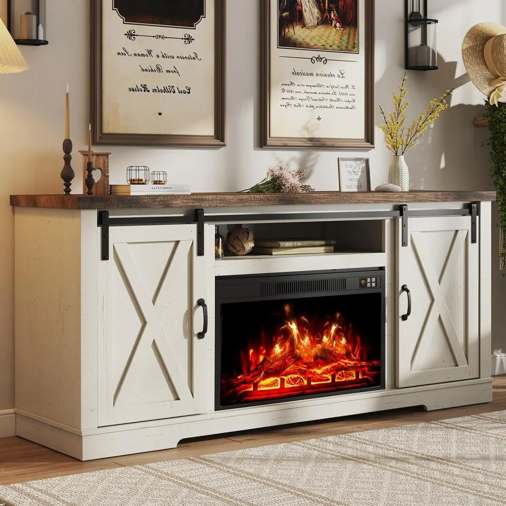 AMERLIFE Fireplace TV Stand with Sliding Barn Door for TVs up to 73″, Farmhouse 63″ Fireplace Entertainment Center with Storage Cabinets/Adjustable Shelves