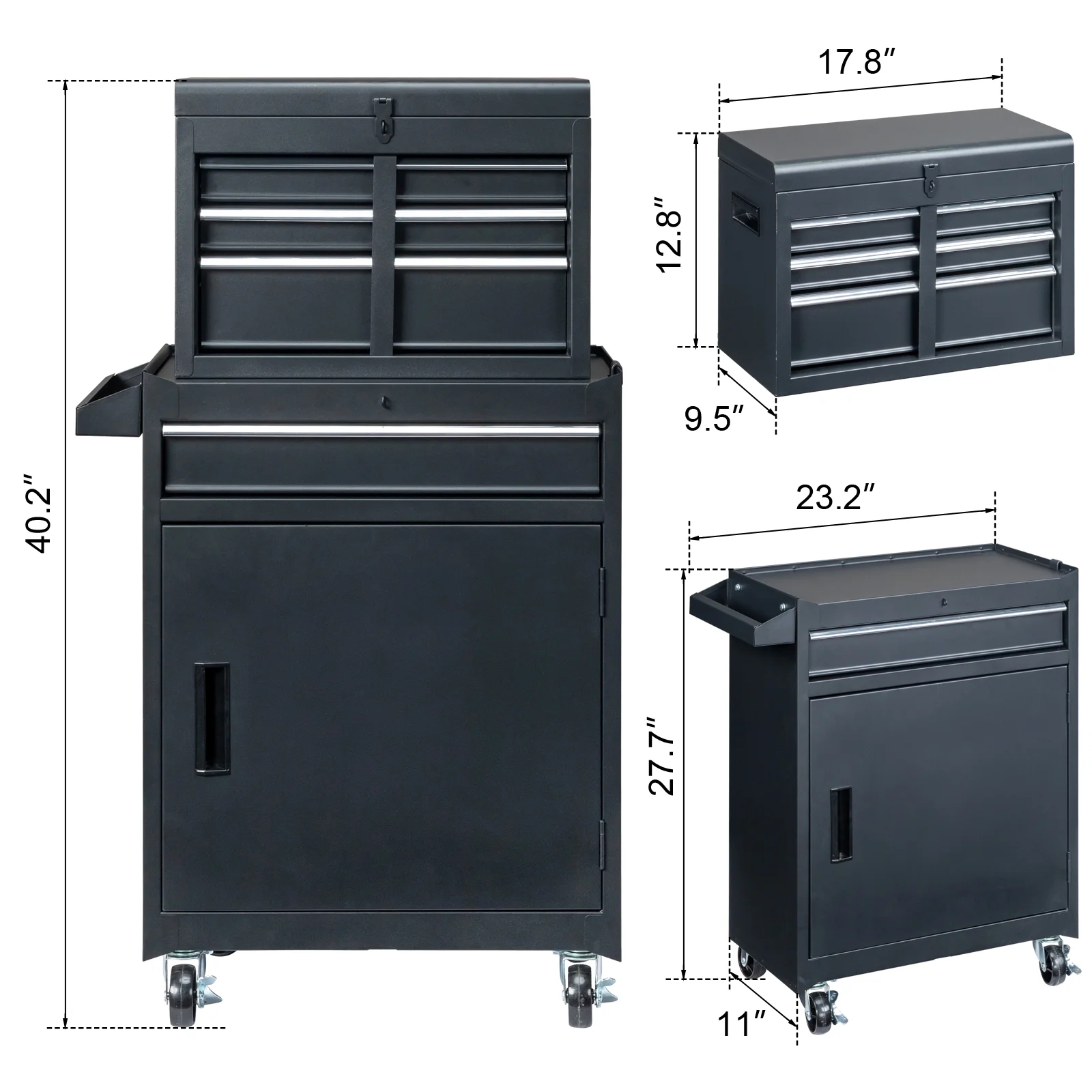 Ktaxon 4-Drawer 2-IN-1 Rolling Tool Chest Storage Cabinet, Mechanic Tool Organizer Box, 23.2″ L x 11″ W x 40.2″ H, Black
