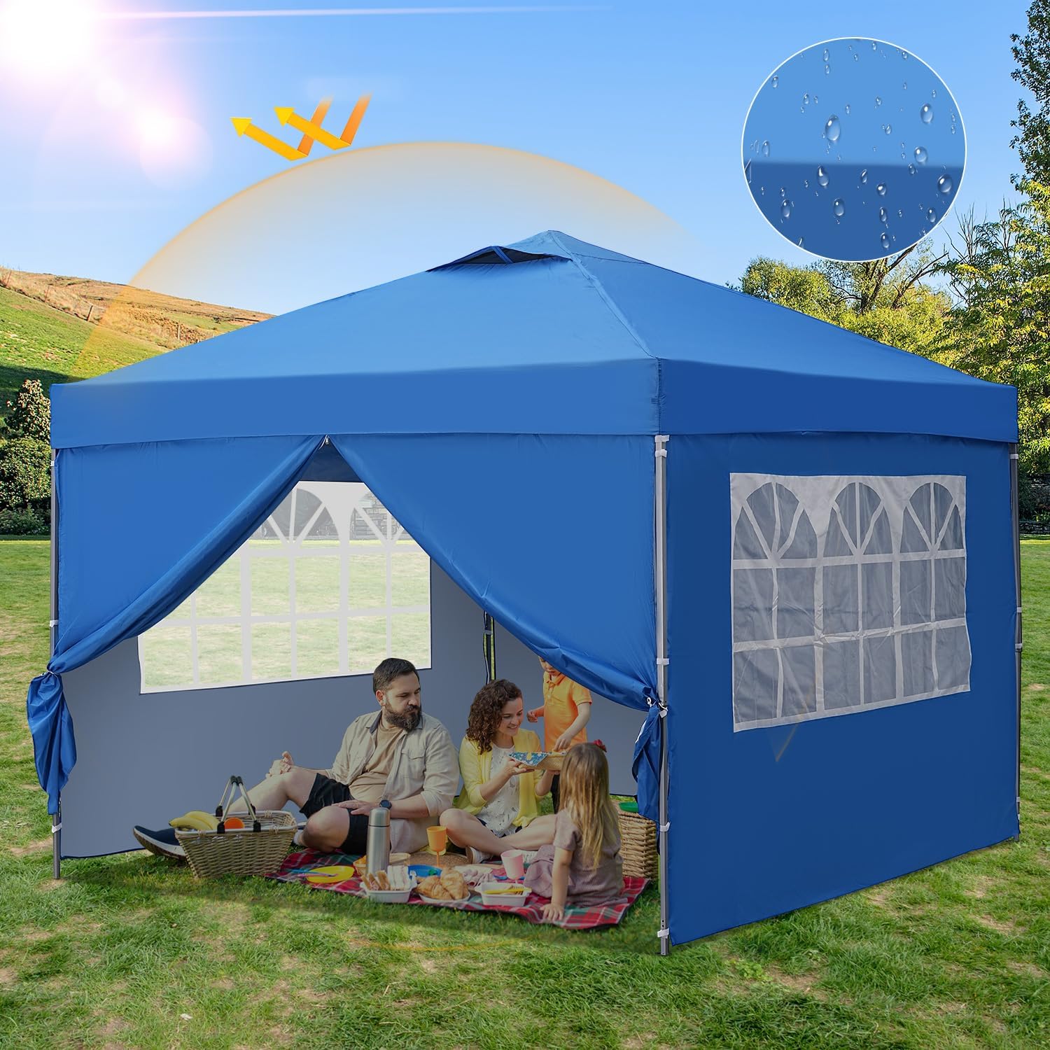 GDY 10×10 Pop Up Canopy Tent, Outdoor Canopy Tent, Patio Tent,Commercial Instant Gazebos,4 Sidewalls, Portable Shelter Canopies, with 4 sandbags, Blue.
