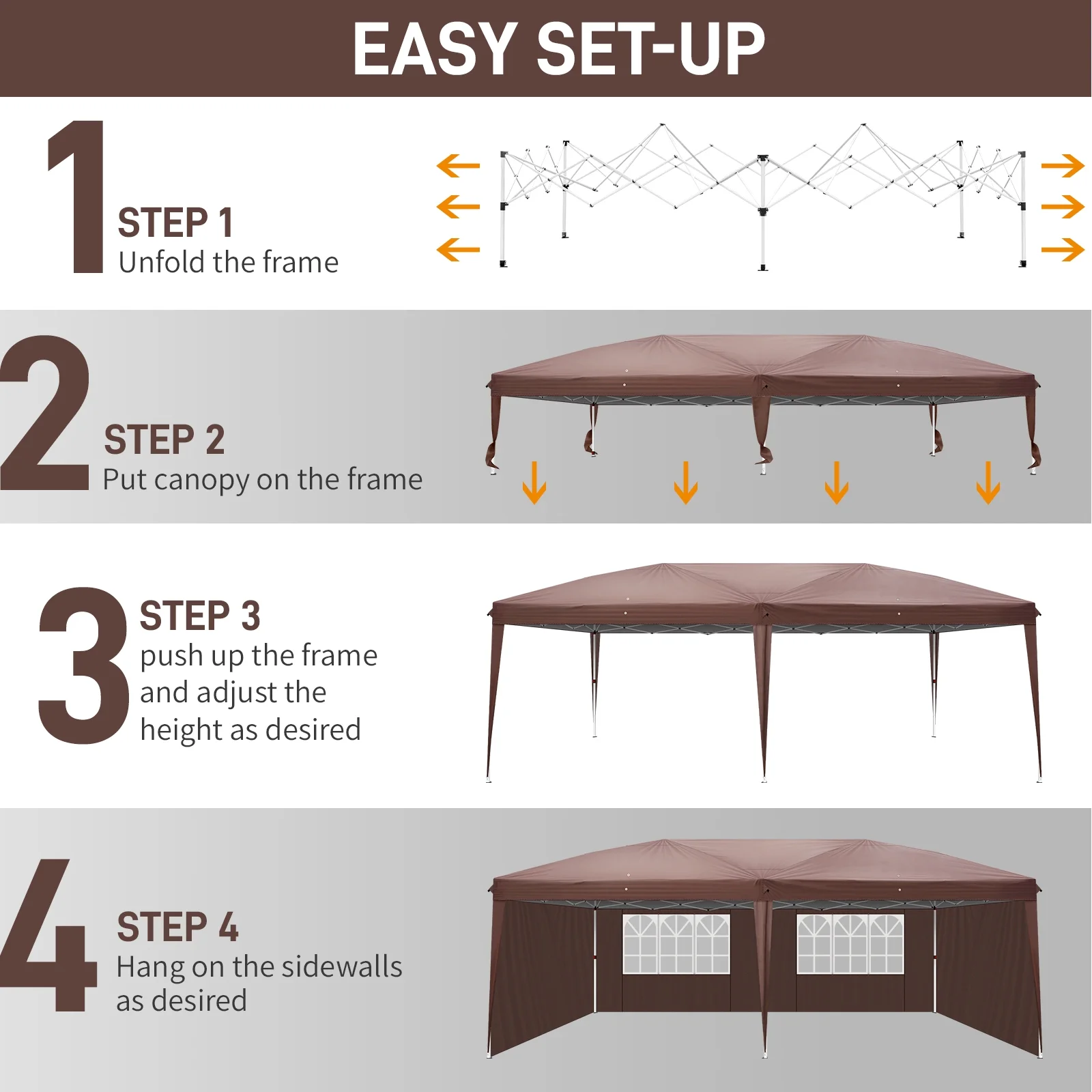 6m x 3m (20ft x 10ft) Dark Brown Waterproof Instant Pop Up Tent Portable Folding Shelter with 2 Windows, UV Protection, Heavy Duty for Camping, Outdoor Events, Market Stall, Backyard
