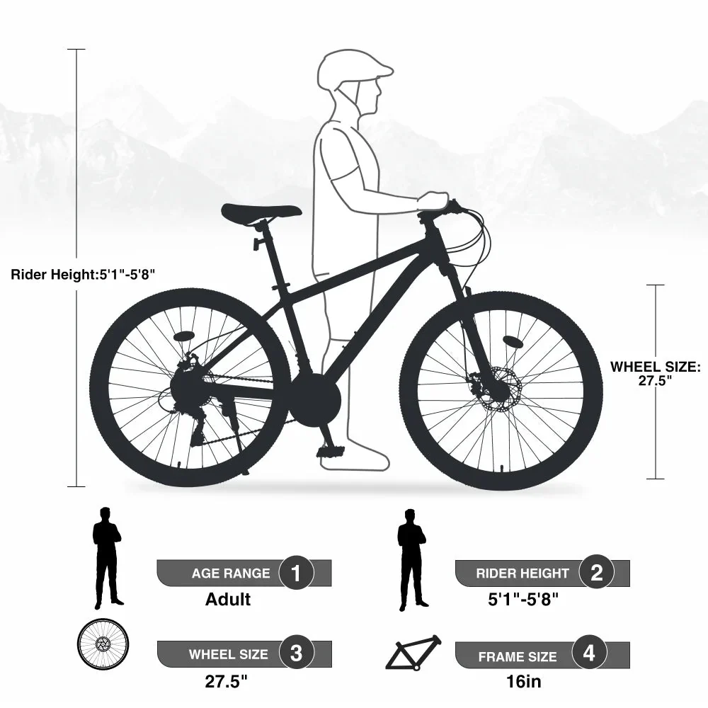 Men's 27.5 in Mountain Bike - 21-Speed Aluminum Alloy Frame, Front Suspension, Double Disc Brakes