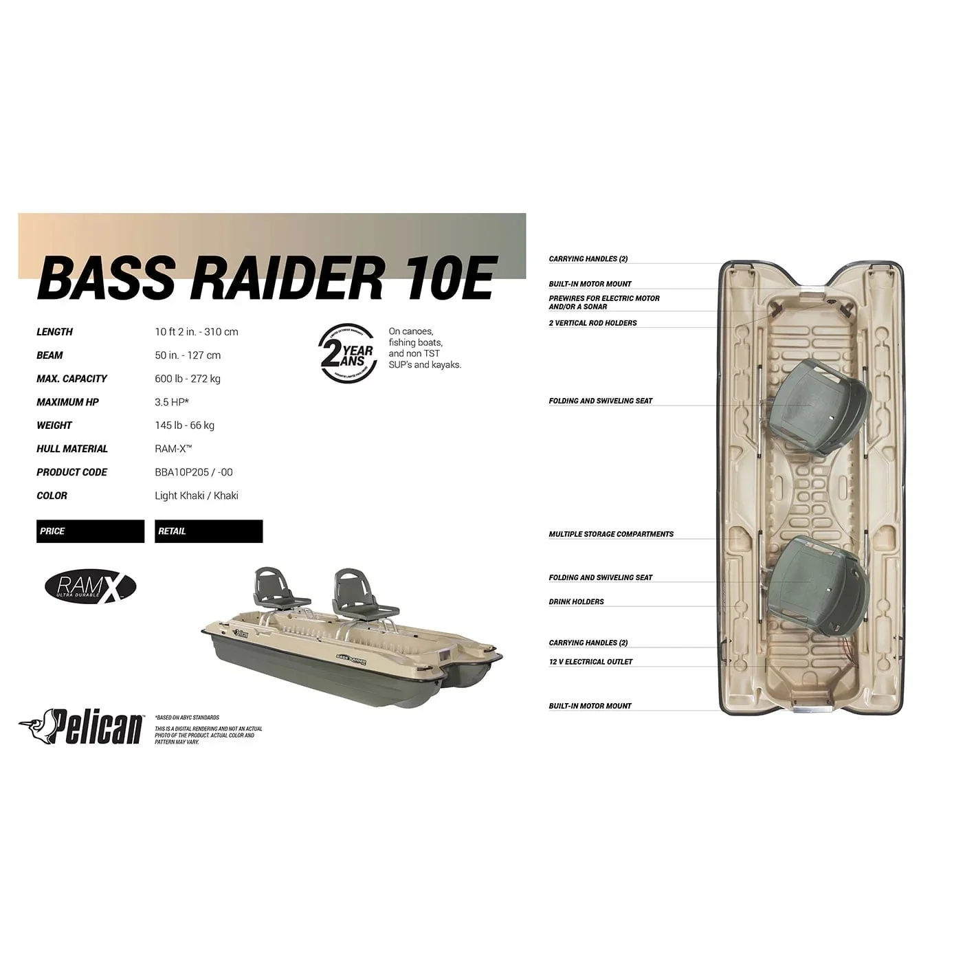 Pelican Bass Raider 10E 2-Person Fishing Boat - 10 ft