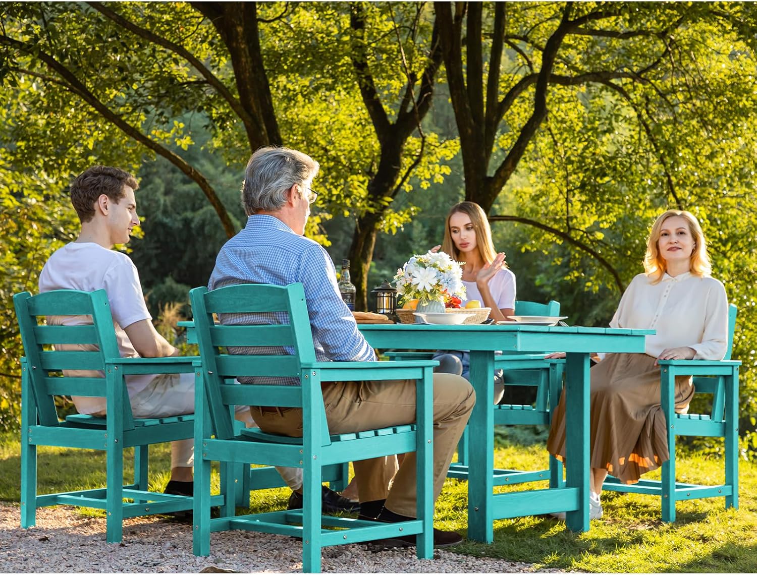 SERWALL 7-Piece Patio Table Set, Outdoor HDPE Dining Furniture with Umbrella Hole, All Weather Table and Chairs for Lawn, Garden, Poolside, Aruba