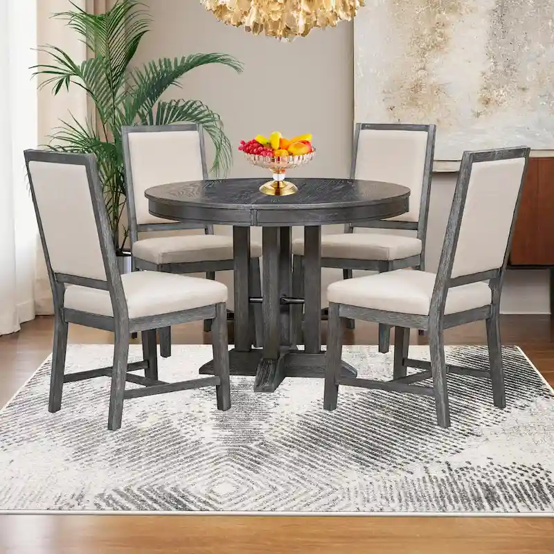 5-Piece Dining Set Extendable Round Table and 4 Upholstered Chairs Farmhouse Dining Set for Kitchen, Dining Room