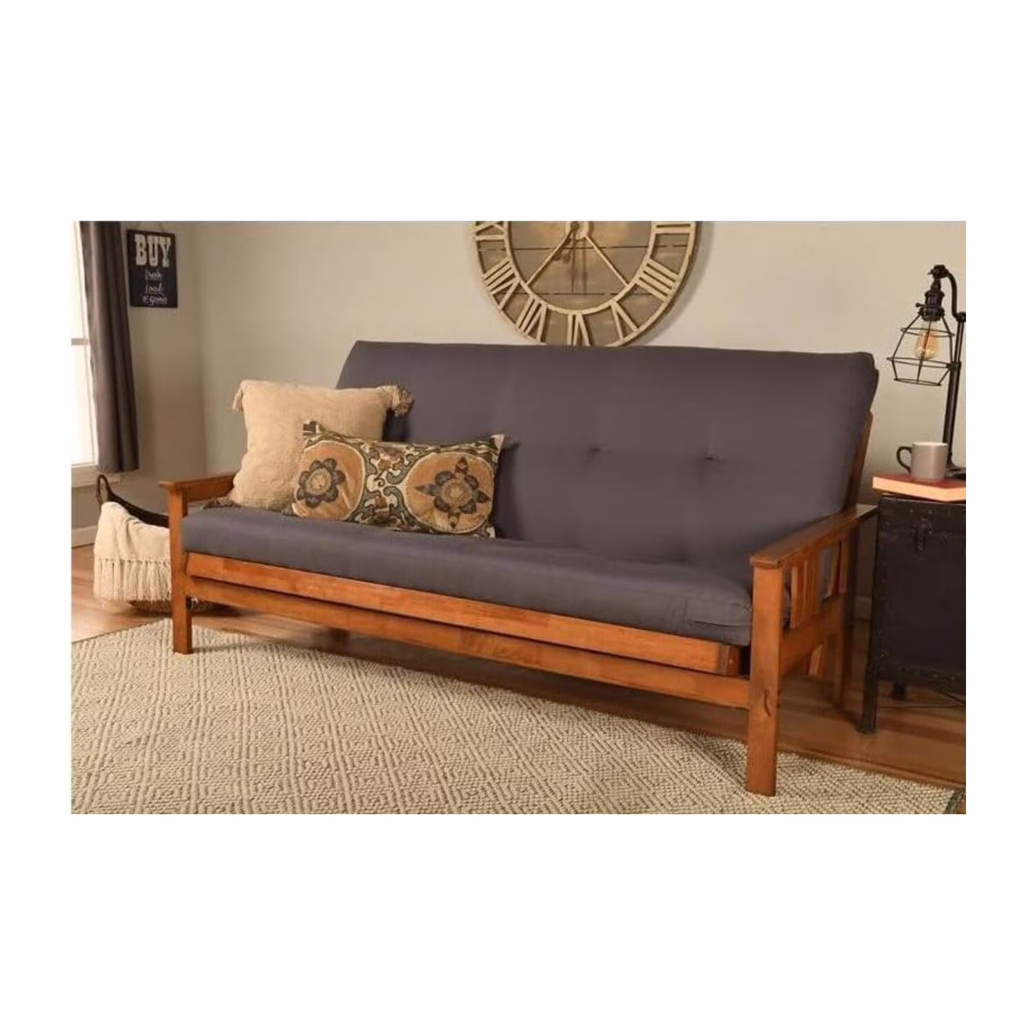Homestock African Artifacts Full Size Futon Frame Set with Mattress, Easily Converts to Bed, Versatile Design Futon Frame for All Spaces, 33"H x 79"L x 37"D-Color:Linen Charcoal,Size:Barbados