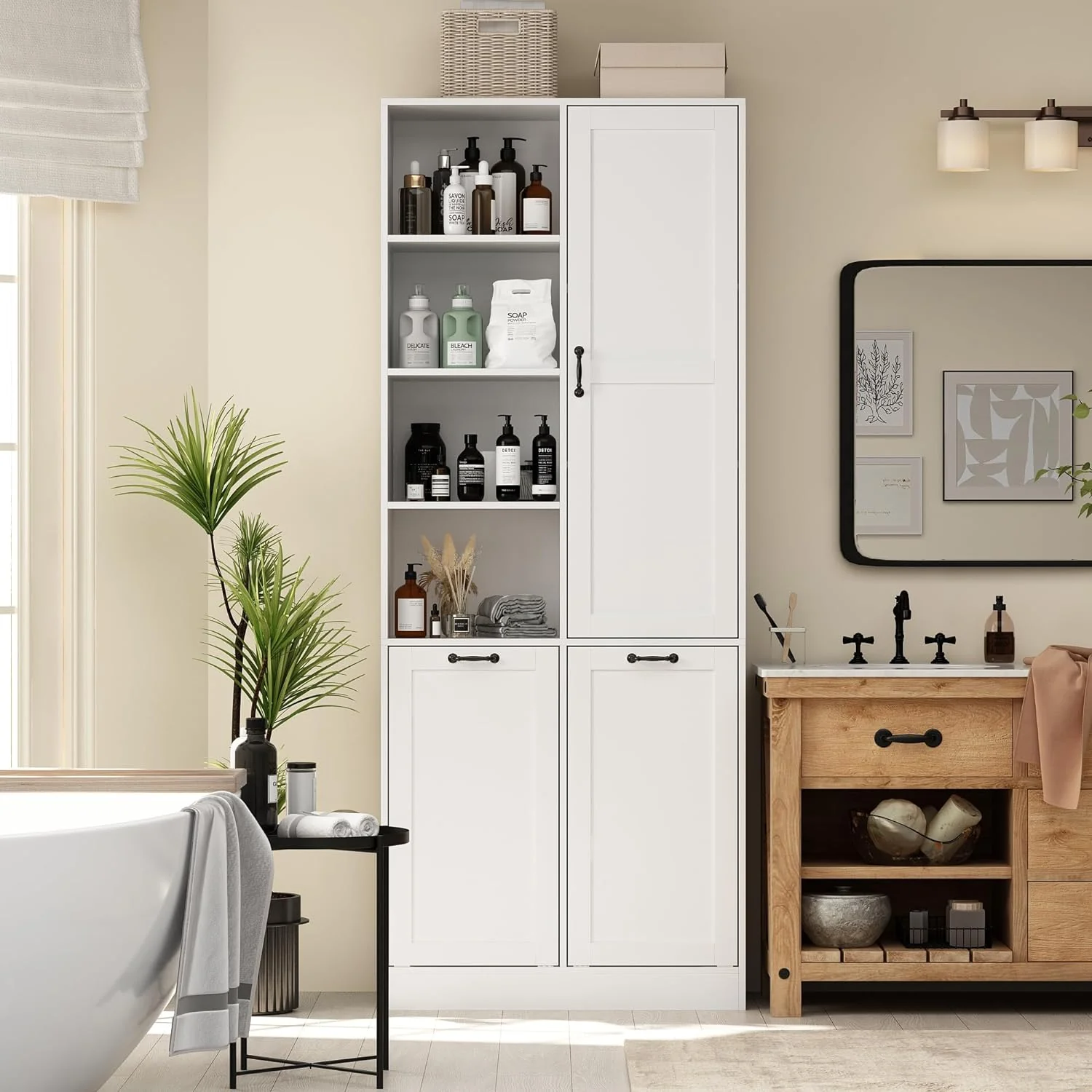 Storage cabinet with laundry basket, display cabinet