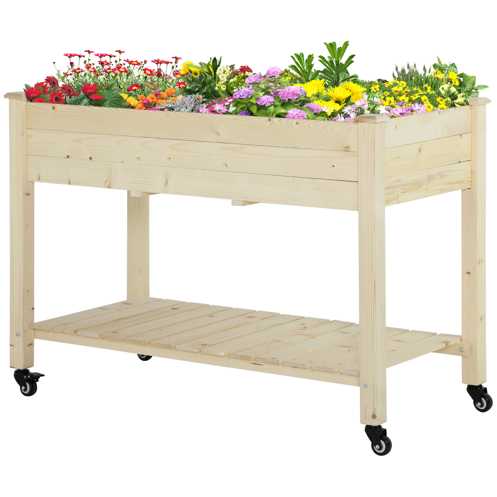 DUOSONG Outsunny Raised Garden Bed, 47" X 22" X 33", Elevated Wooden Planter Box W/ Lockable Wheels, Storage Shelf, And Bed Liner For Backyard, Patio, Natural Natural Wood Garden & Outdoor Garden