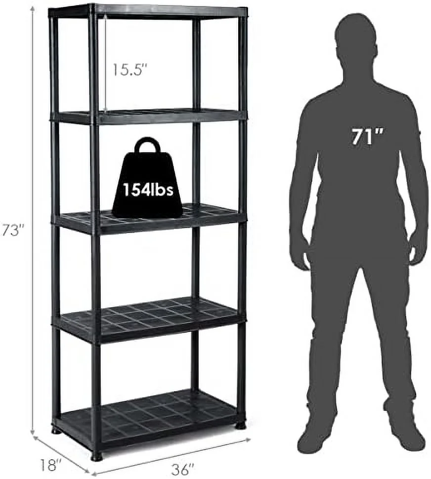 5 Tier Plastic Storage Shelves, Easy to Assemble Garage Rack, Multi-Use Free Standing Shelf Unit, Heavy Duty Shelving for Home Office, Black(2, 36L X 18W X 73H)