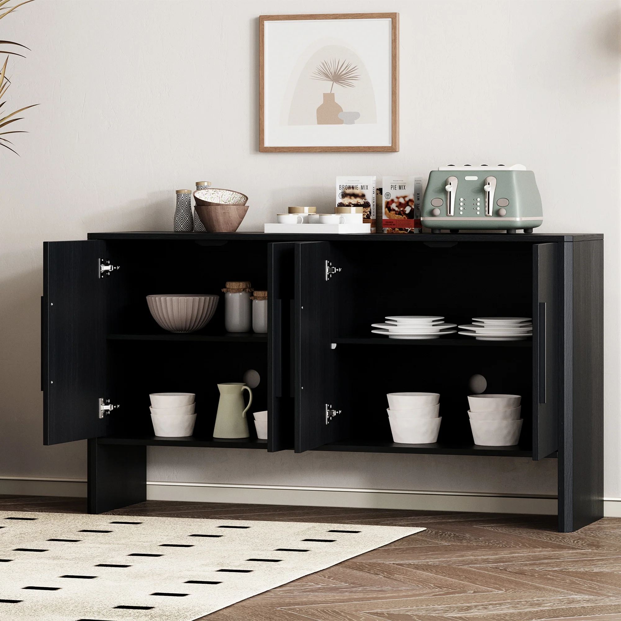 Accent Cabinet with 4 Doors, TUANLUO Buffet Cabinet with Adjustable Shelves, Wood Storage Cabinet, Modern Accent Cabinet Furniture for Hallway Entryway Living Room, 59"L x 15.7"W x 33.2"H, Blue