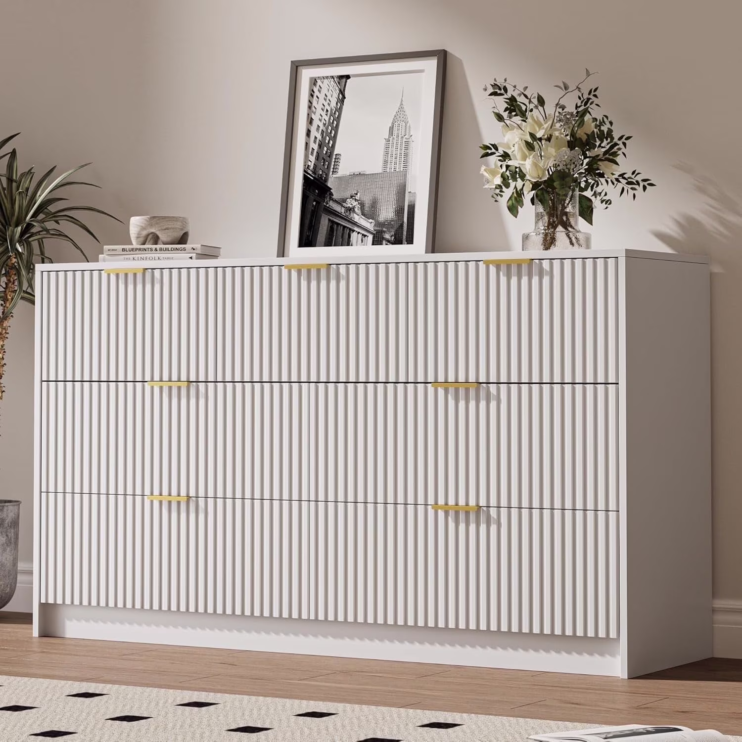 Furniway Black Dresser for Bedroom, 8 Drawer Double Dresser, Modern Chest of Drawers for Bedroom, Living Room, Entryway and Closet, 55" L x 15.7" D x 37.4" H