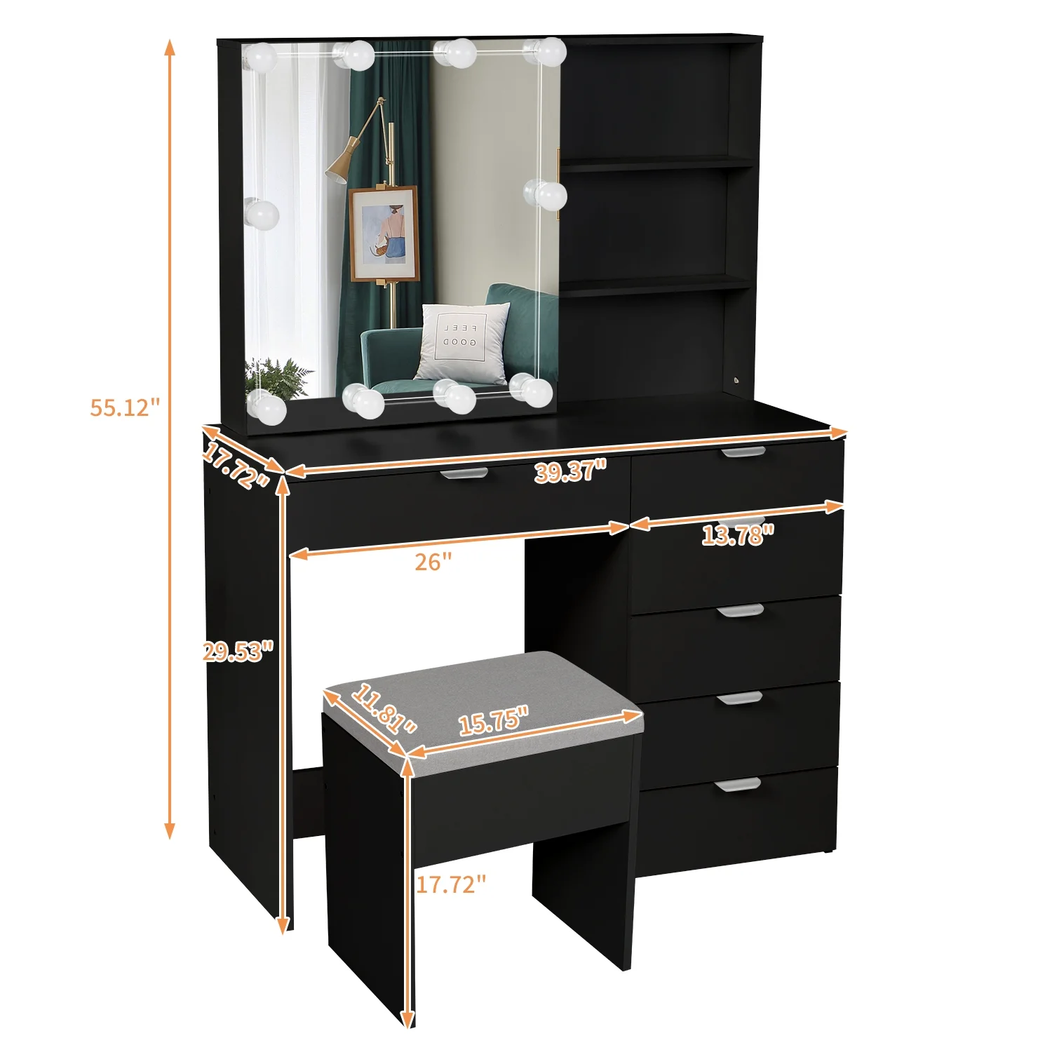 Ktaxon Vanity Set with 3 Color Lighted Mirror, Makeup Table with 6 Drawers, Dressing Table Makeup Desk with Stool, White