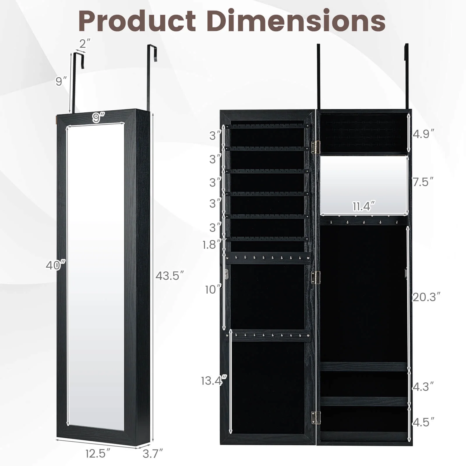 Costway Wall Door Mounted Mirrored Jewelry Cabinet Storage Organizer-Black