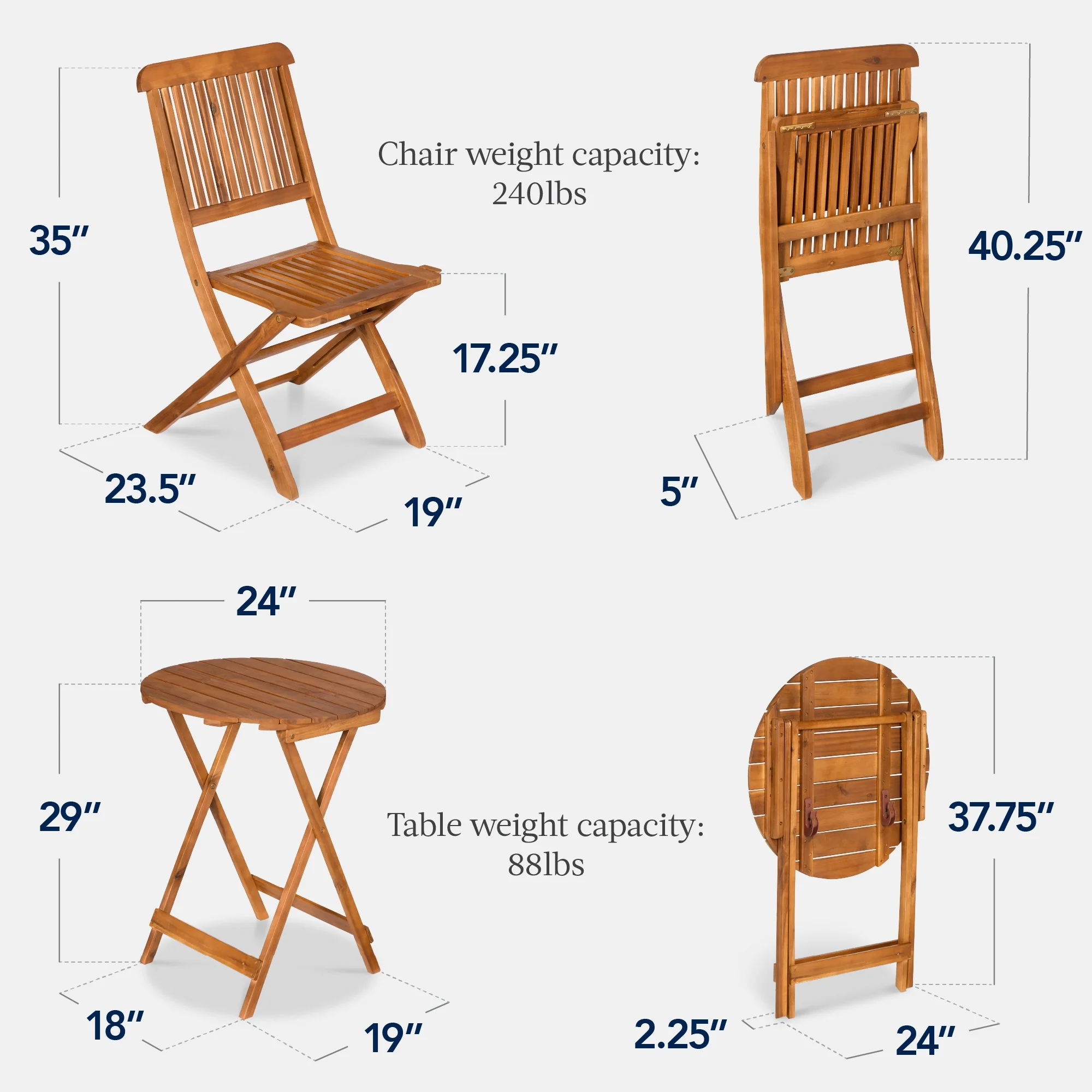 Best Choice Products 3-Piece Acacia Wood Bistro Set, Folding Patio Furniture w/ 2 Chairs, Table – Natural
