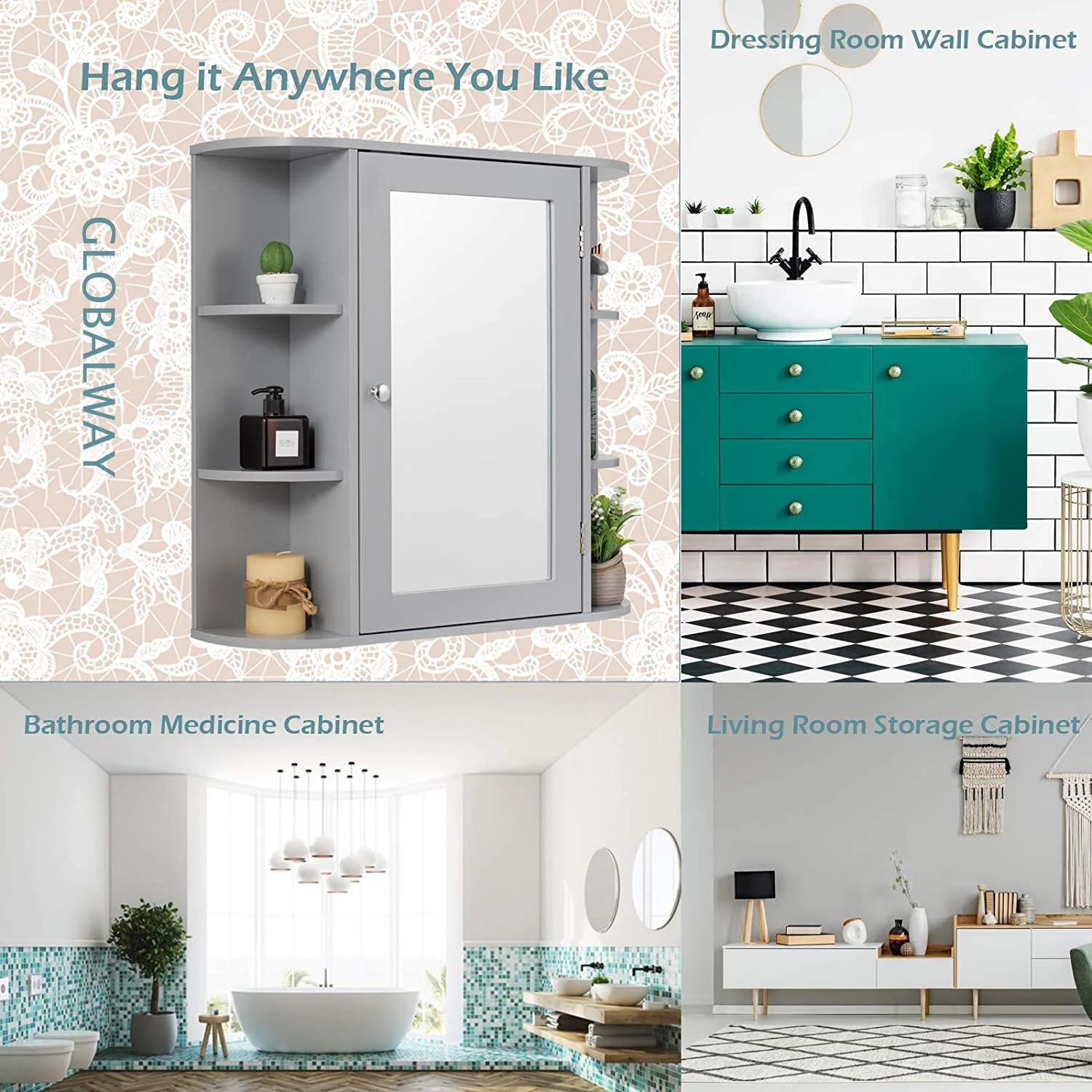 Giantex Bathroom Mirror Cabinet, Modern Wall Cabinet with Mirror, Medicine Cabinet with Mirror, Ideal for Bathroom, Dressing Room or Living Room, 26 x 6.5 x 25 inches (White)
