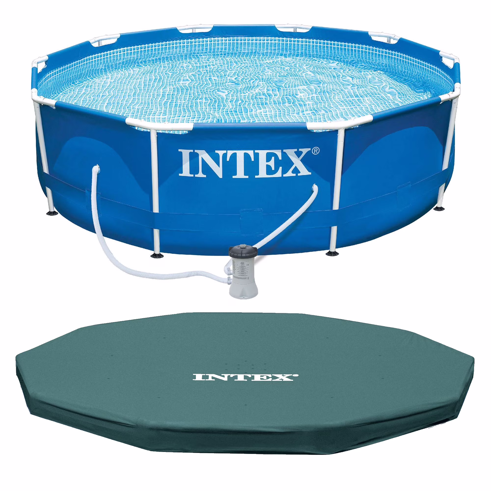 INTEX Metal Frame 10′ x 30″ Outdoor Swimming Pool with Filter Pump & Cover