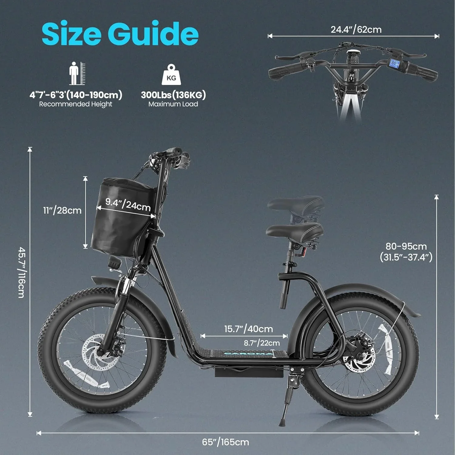 Caroma Peak 800W Foldable Adult Electric Scooter with 20-inch Wide Tires, 48V Battery, Basket, and Adjustable Seat