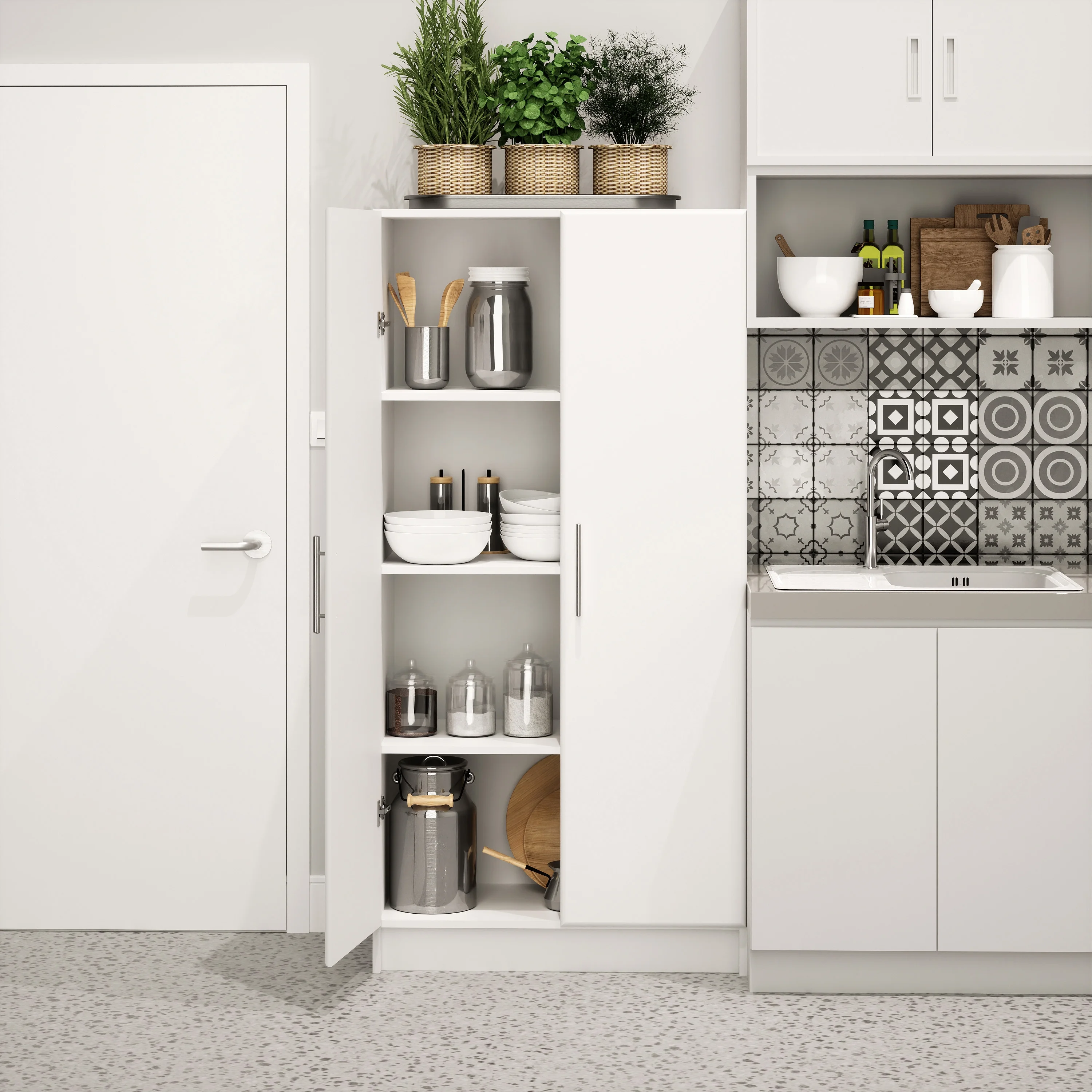 Prepac Adjustable Shelves Cabinet - Functional Tall Garage Table, 16"D x 32"W x 65"H Freestanding Garage Cabinet with 2-Doors, White - WES-3264