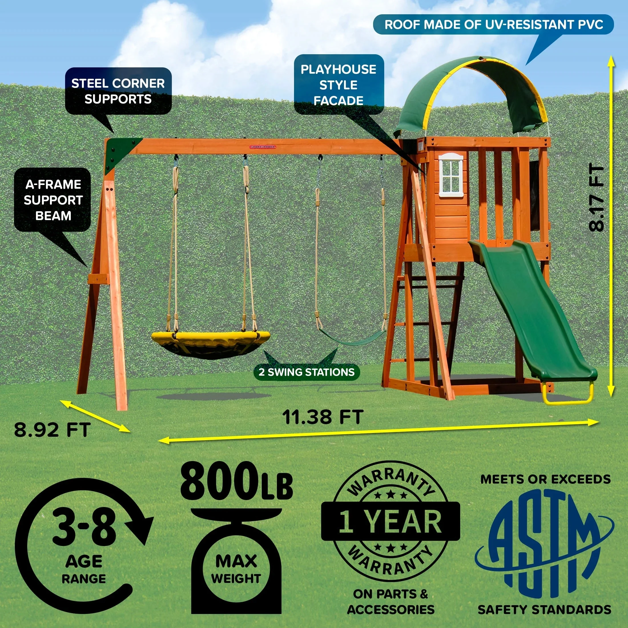 Sportspower Amelia Wooden Swing Set With 2-Person Saucer Swing And 6' Slide