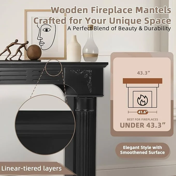 EPICOZY 43.3″ Fireplace Mantel, Freestanding Fireplace Surround with Leg for Electric Fireplaces, MDF Mantel Surround with Shelf for Living Room with Decorative Pattern, Anti-Tipping & Waterproof