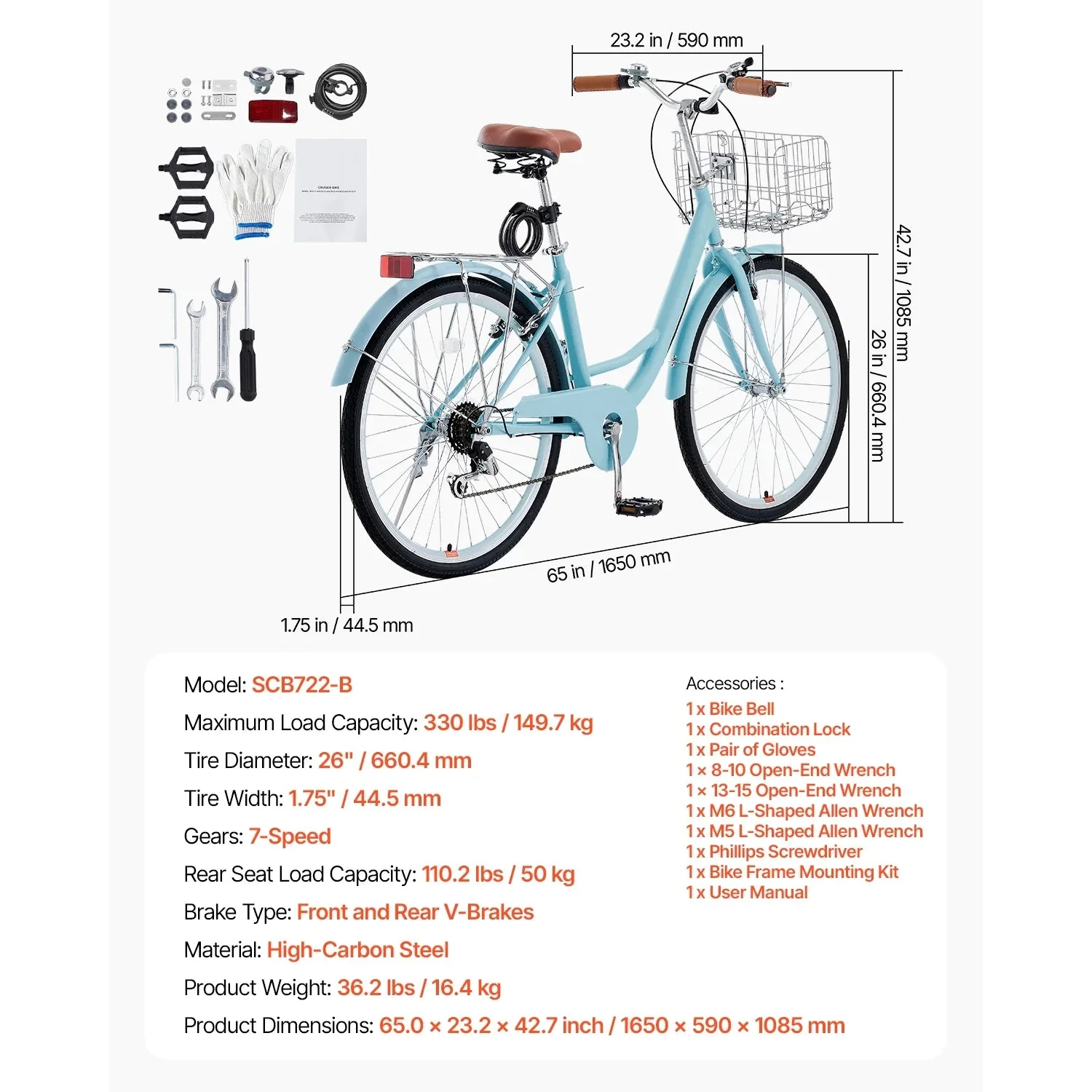 KFFKFF 26 in 7-Speed Cruiser Bike, Pale Blue With Front Basket And Rear Rack - SCB722-B