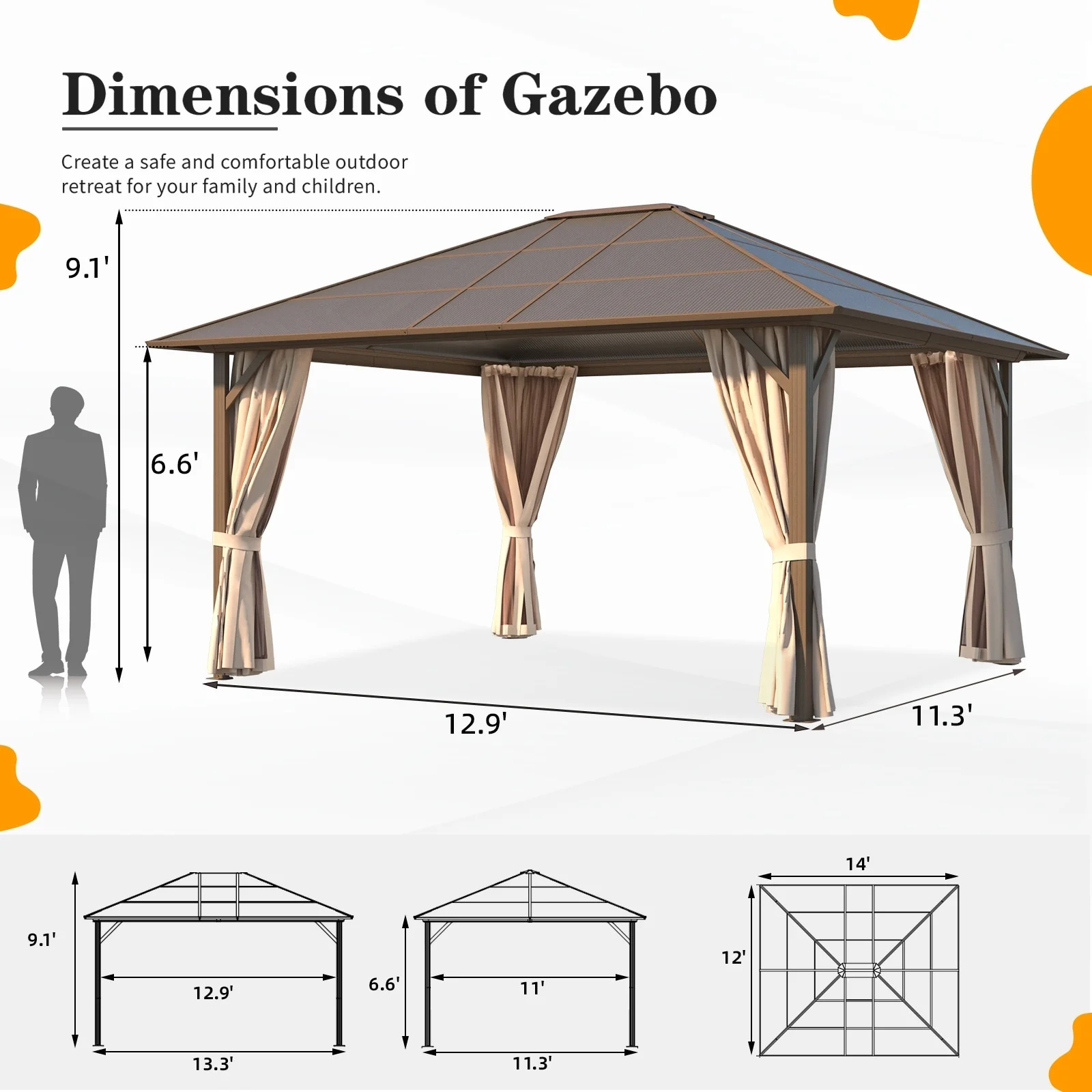 Erommy 10' x 13' Double Roof Hardtop Gazebo, Aluminum Frame Polycarbonate Roof